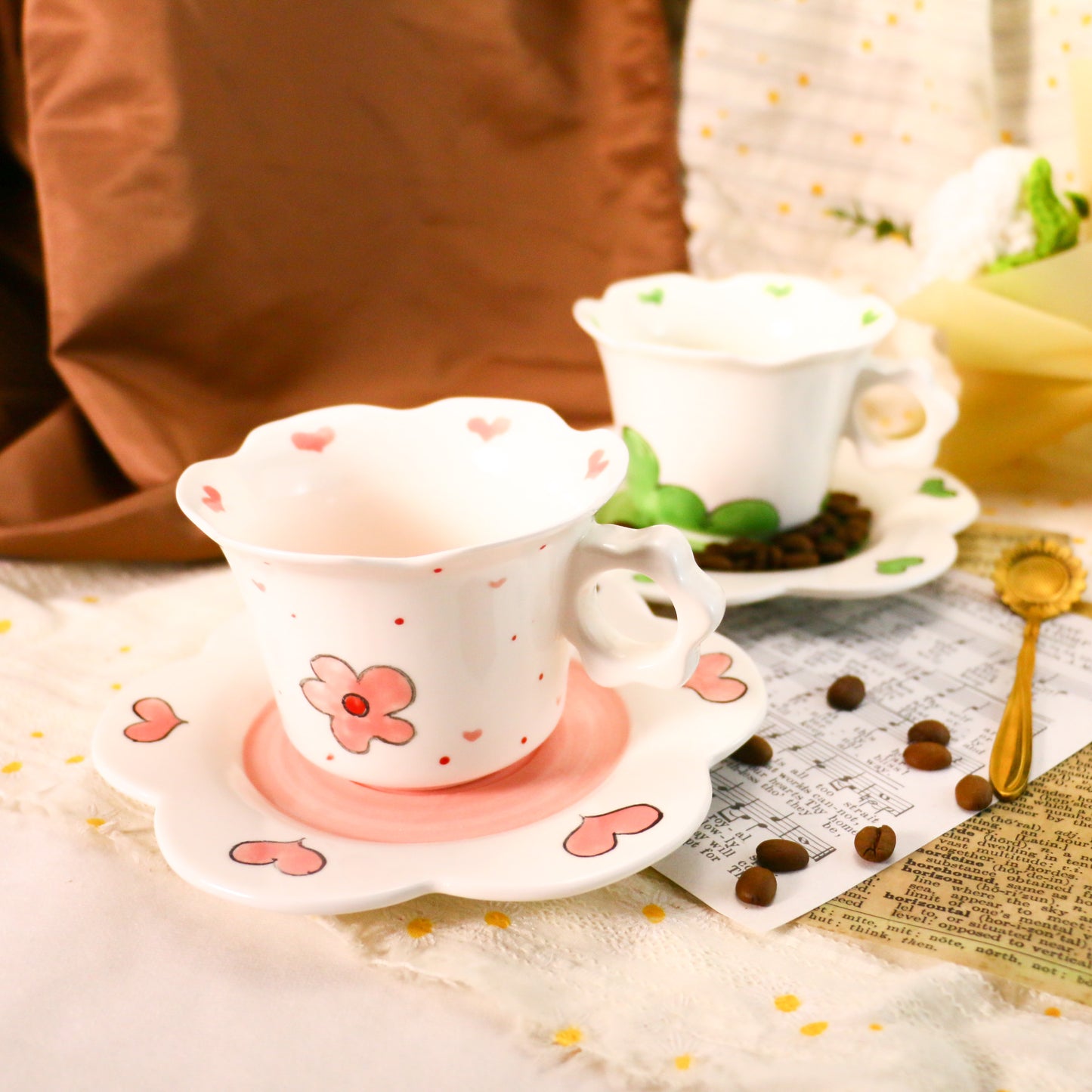 Cute Floral Design Ceramic Mug with Scalloped Saucer