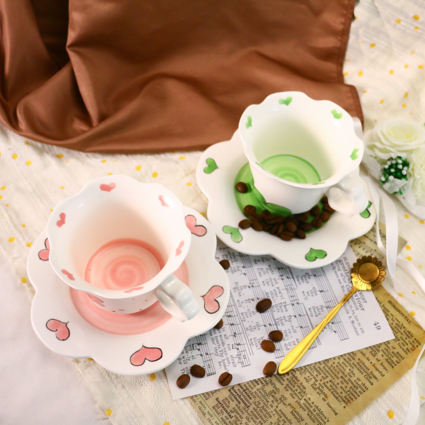 Cute Floral Design Ceramic Mug with Scalloped Saucer