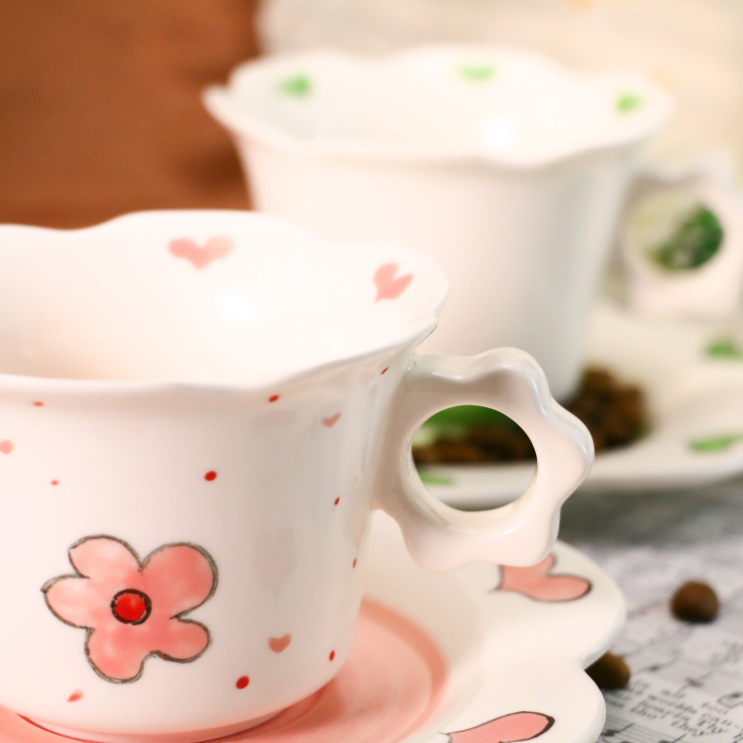 Cute Floral Design Ceramic Mug with Scalloped Saucer