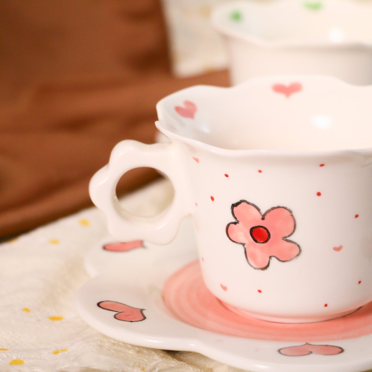 Cute Floral Design Ceramic Mug with Scalloped Saucer
