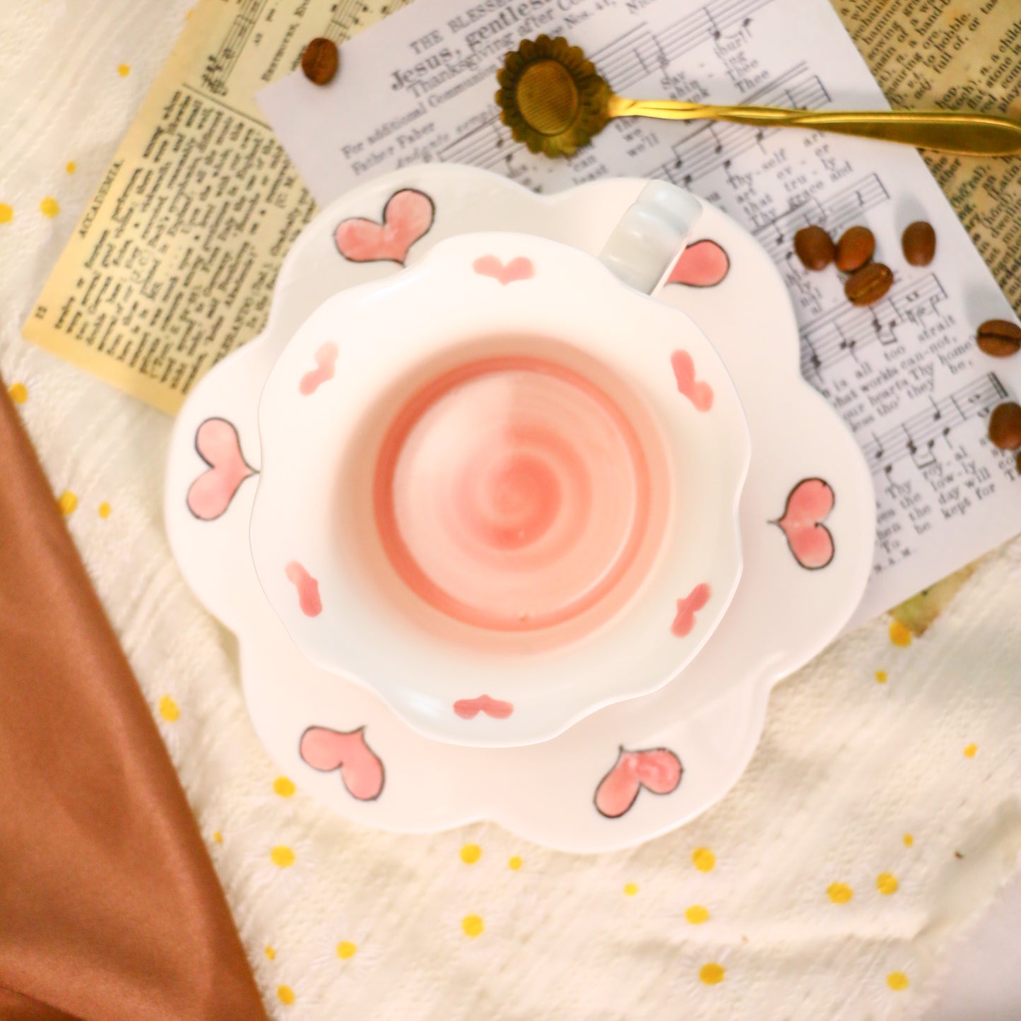 Cute Floral Design Ceramic Mug with Scalloped Saucer
