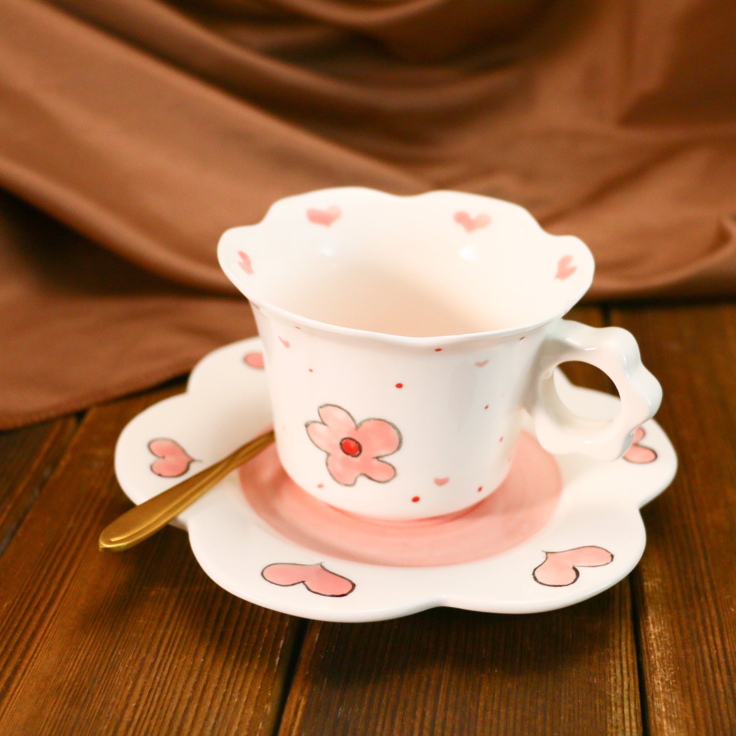 Cute Floral Design Ceramic Mug with Scalloped Saucer