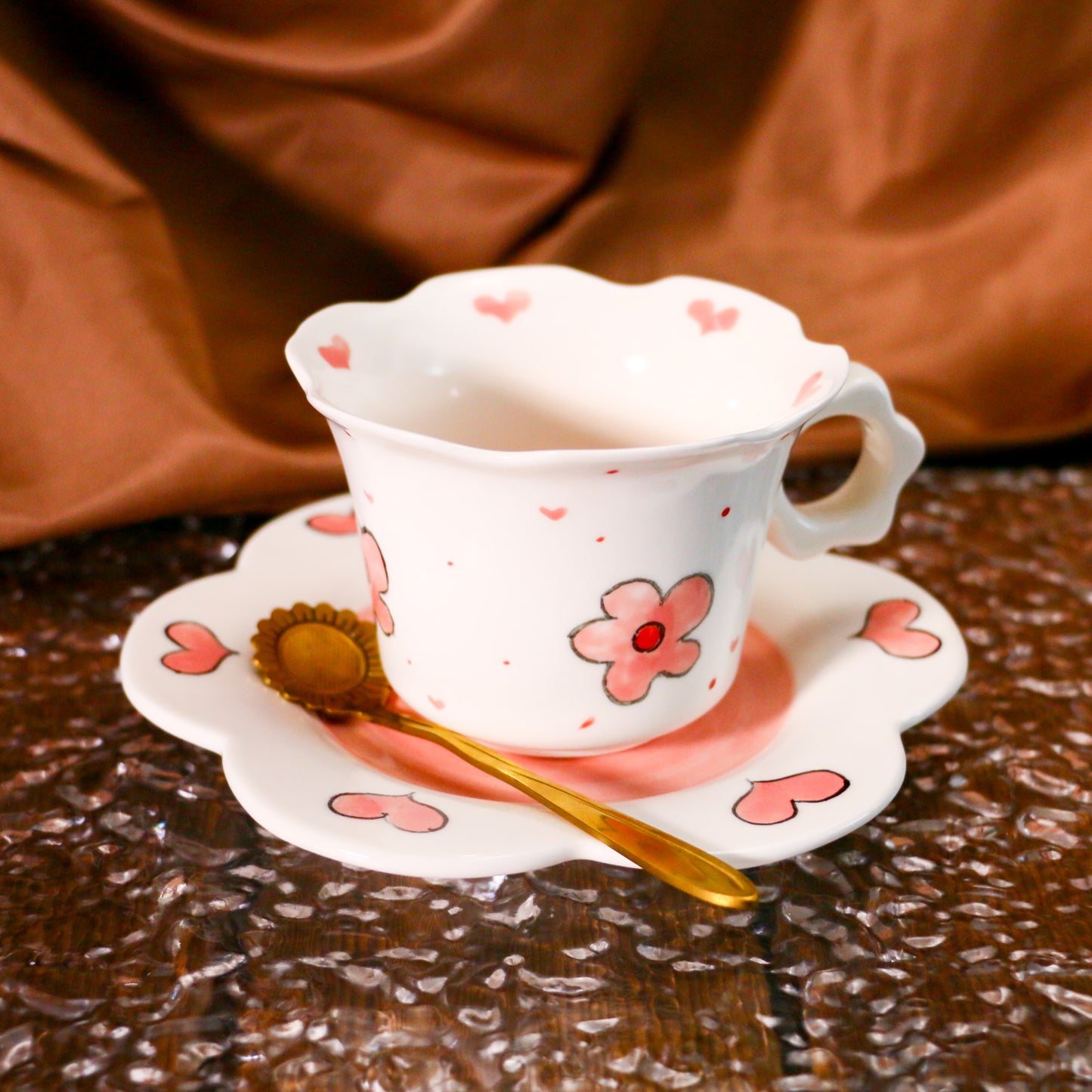 Cute Floral Design Ceramic Mug with Scalloped Saucer