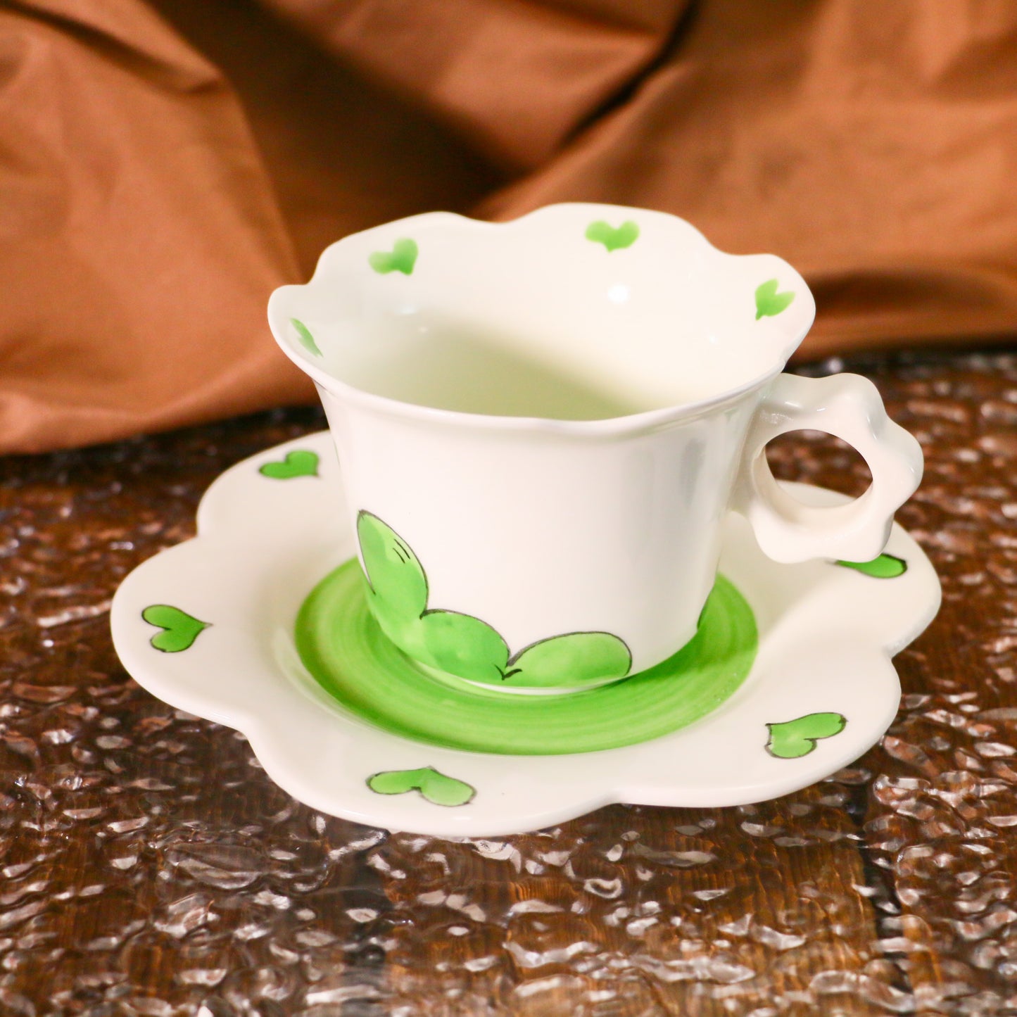 Cute Floral Design Ceramic Mug with Scalloped Saucer