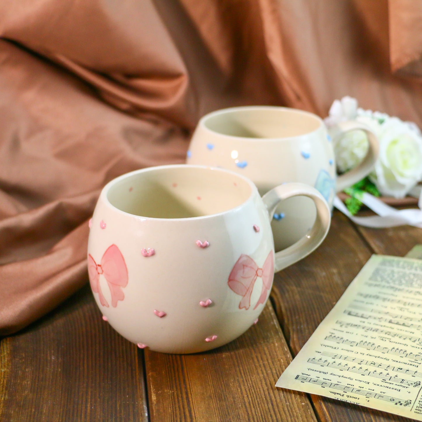 Cute Handmade Mug – Unique Ceramic Coffee Cup with Bow & Raised Heart Details