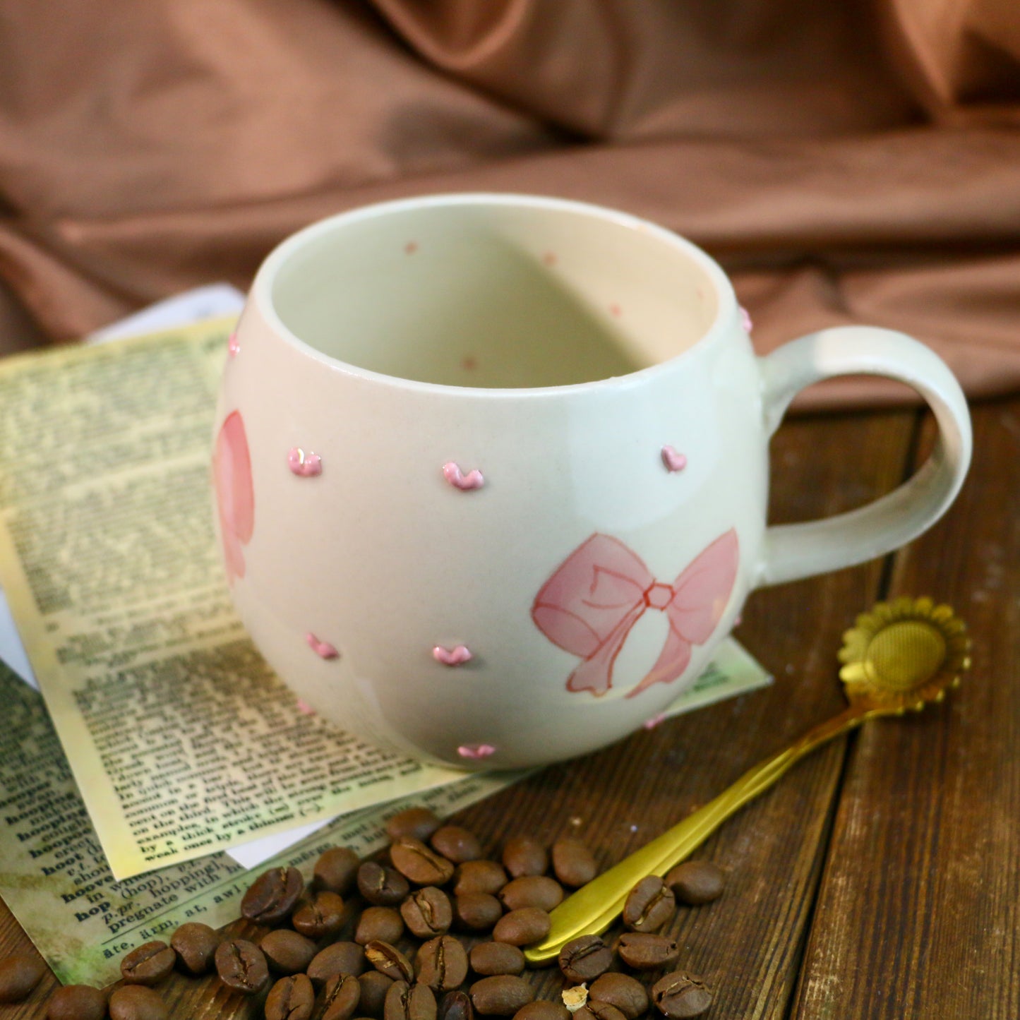 Cute Handmade Mug – Unique Ceramic Coffee Cup with Bow & Raised Heart Details