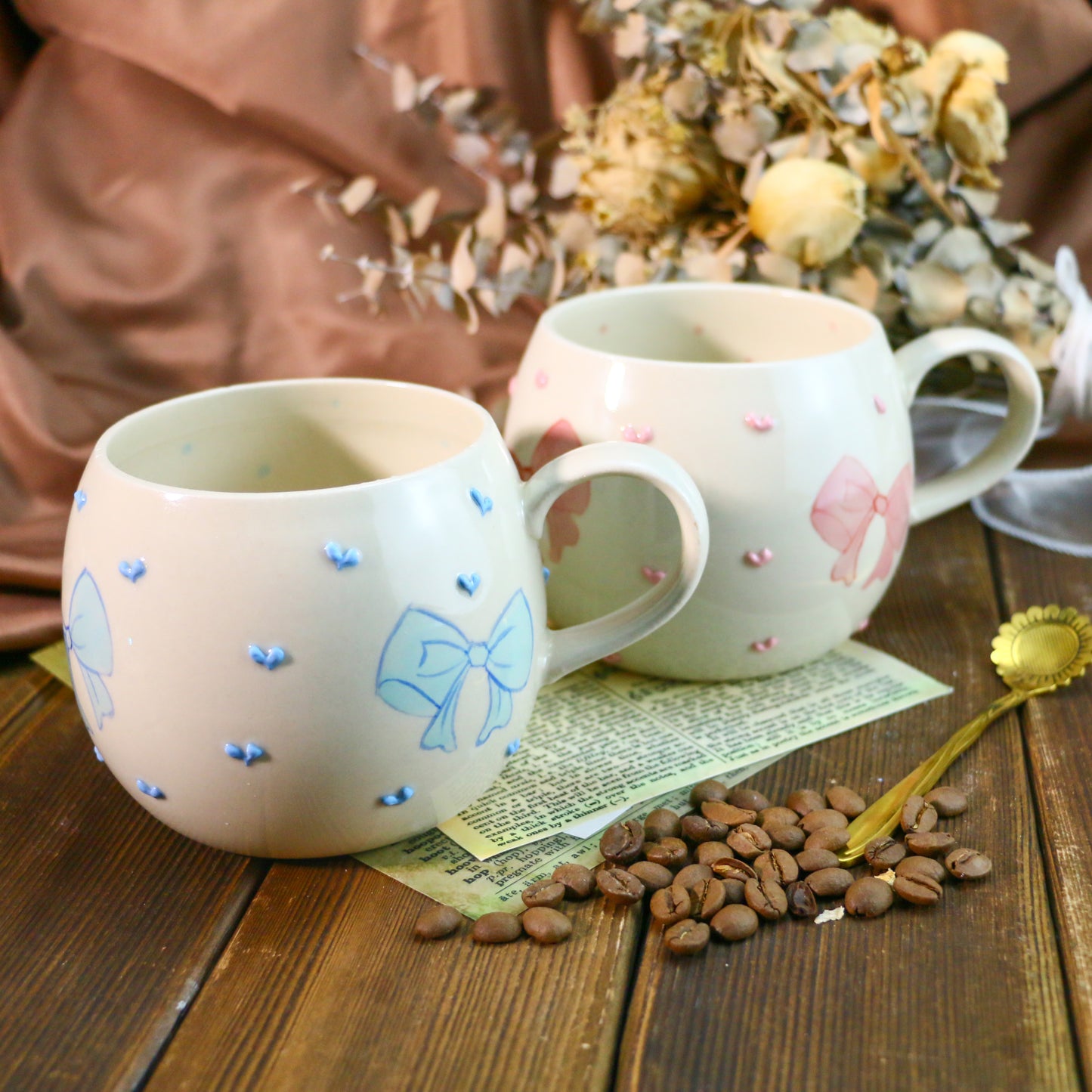 Cute Handmade Mug – Unique Ceramic Coffee Cup with Bow & Raised Heart Details