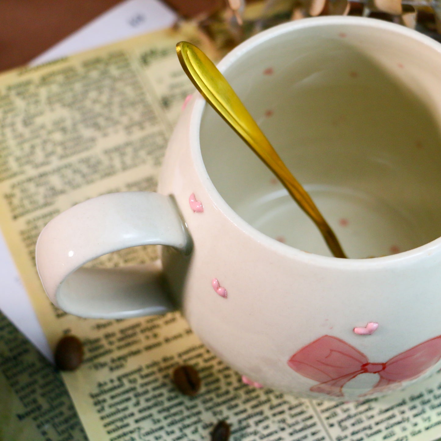 Cute Handmade Mug – Unique Ceramic Coffee Cup with Bow & Raised Heart Details