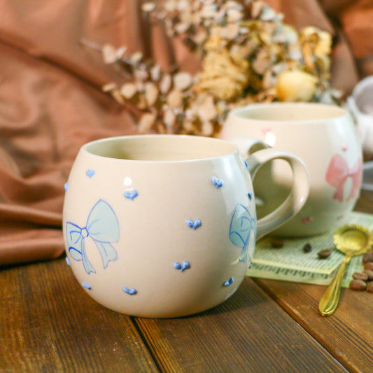 Cute Handmade Mug – Unique Ceramic Coffee Cup with Bow & Raised Heart Details