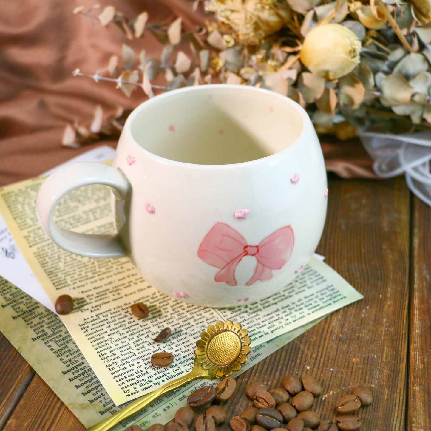 Cute Handmade Mug – Unique Ceramic Coffee Cup with Bow & Raised Heart Details