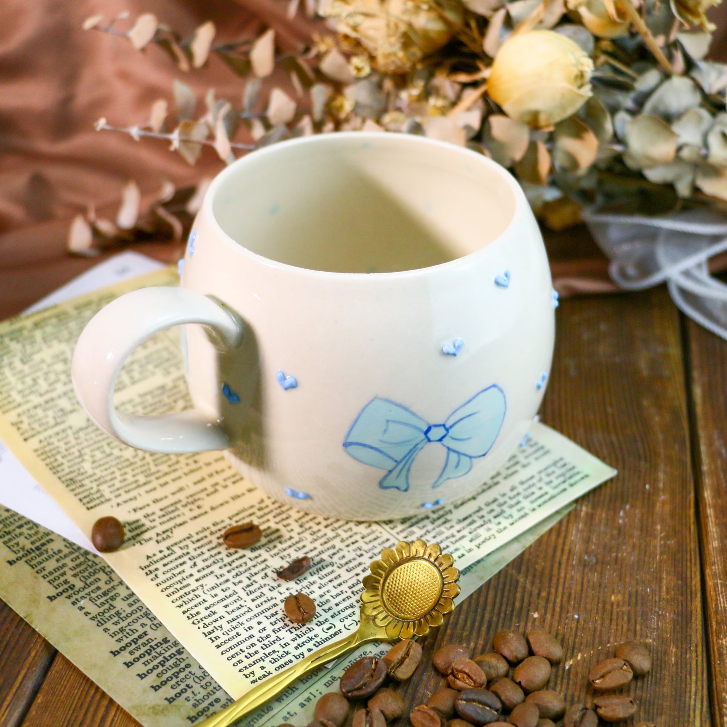 Cute Handmade Mug – Unique Ceramic Coffee Cup with Bow & Raised Heart Details