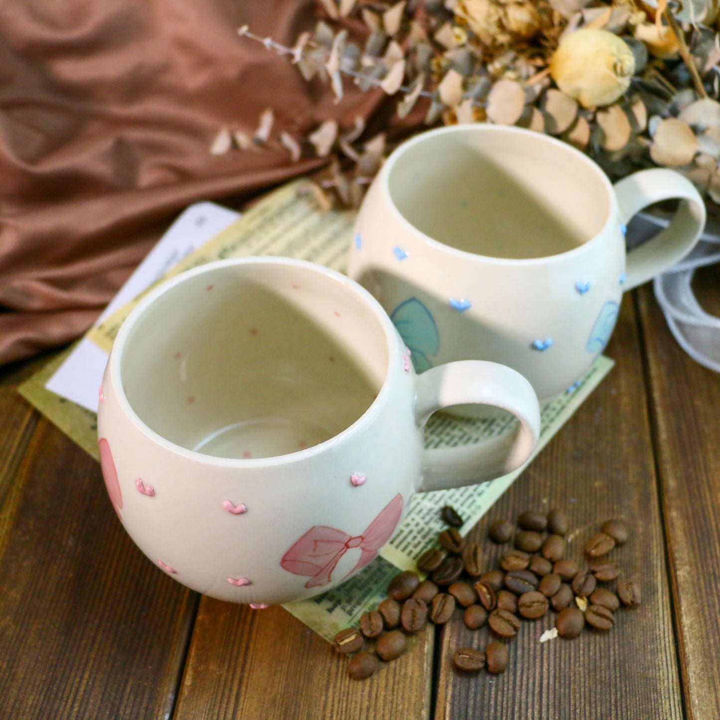 Cute Handmade Mug – Unique Ceramic Coffee Cup with Bow & Raised Heart Details