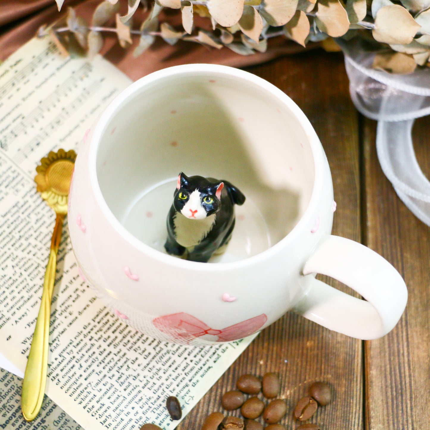 Custom 3D Pet Figurine Mug – Handmade Ceramic Coffee Cup with Bow & Heart Design