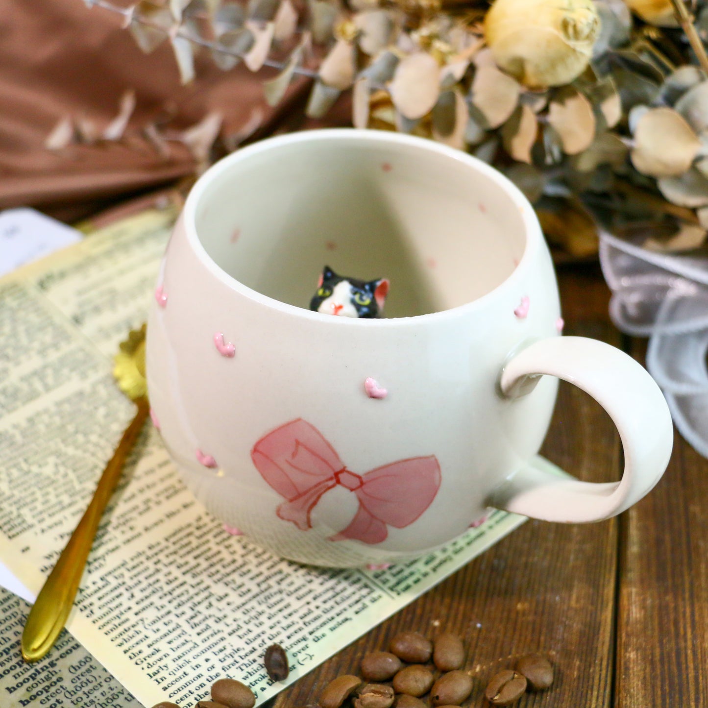 Custom 3D Pet Figurine Mug – Handmade Ceramic Coffee Cup with Bow & Heart Design