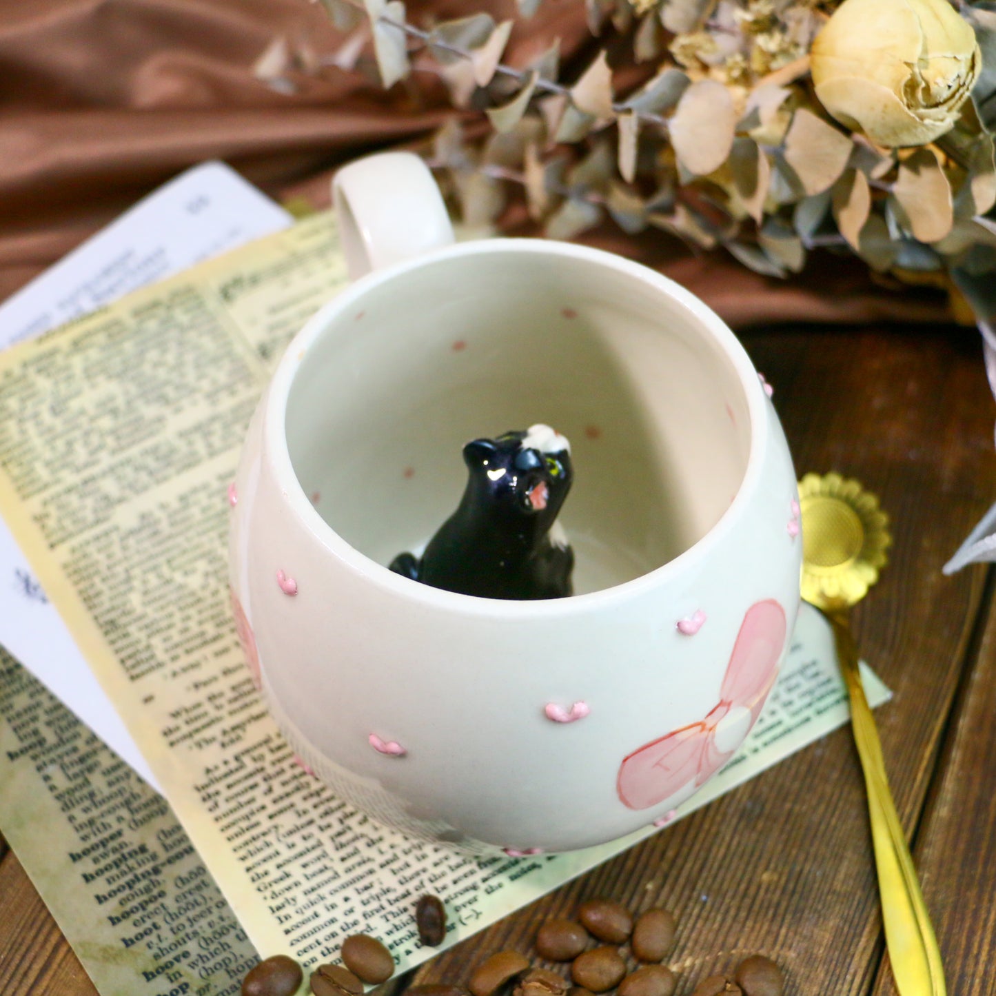 Custom 3D Pet Figurine Mug – Handmade Ceramic Coffee Cup with Bow & Heart Design