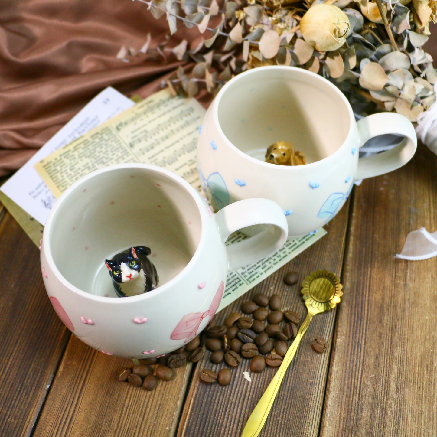 Custom 3D Pet Figurine Mug – Handmade Ceramic Coffee Cup with Bow & Heart Design