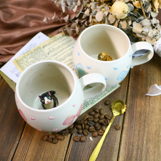 Custom 3D Pet Figurine Mug – Handmade Ceramic Coffee Cup with Bow & Heart Design