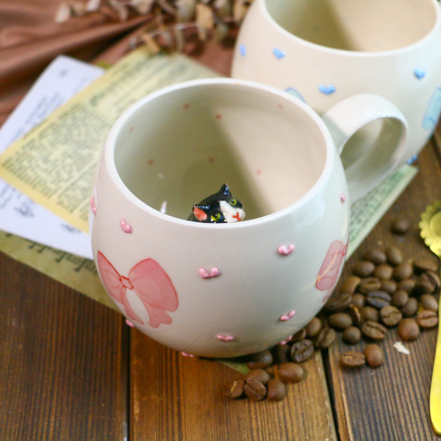 Custom 3D Pet Figurine Mug – Handmade Ceramic Coffee Cup with Bow & Heart Design