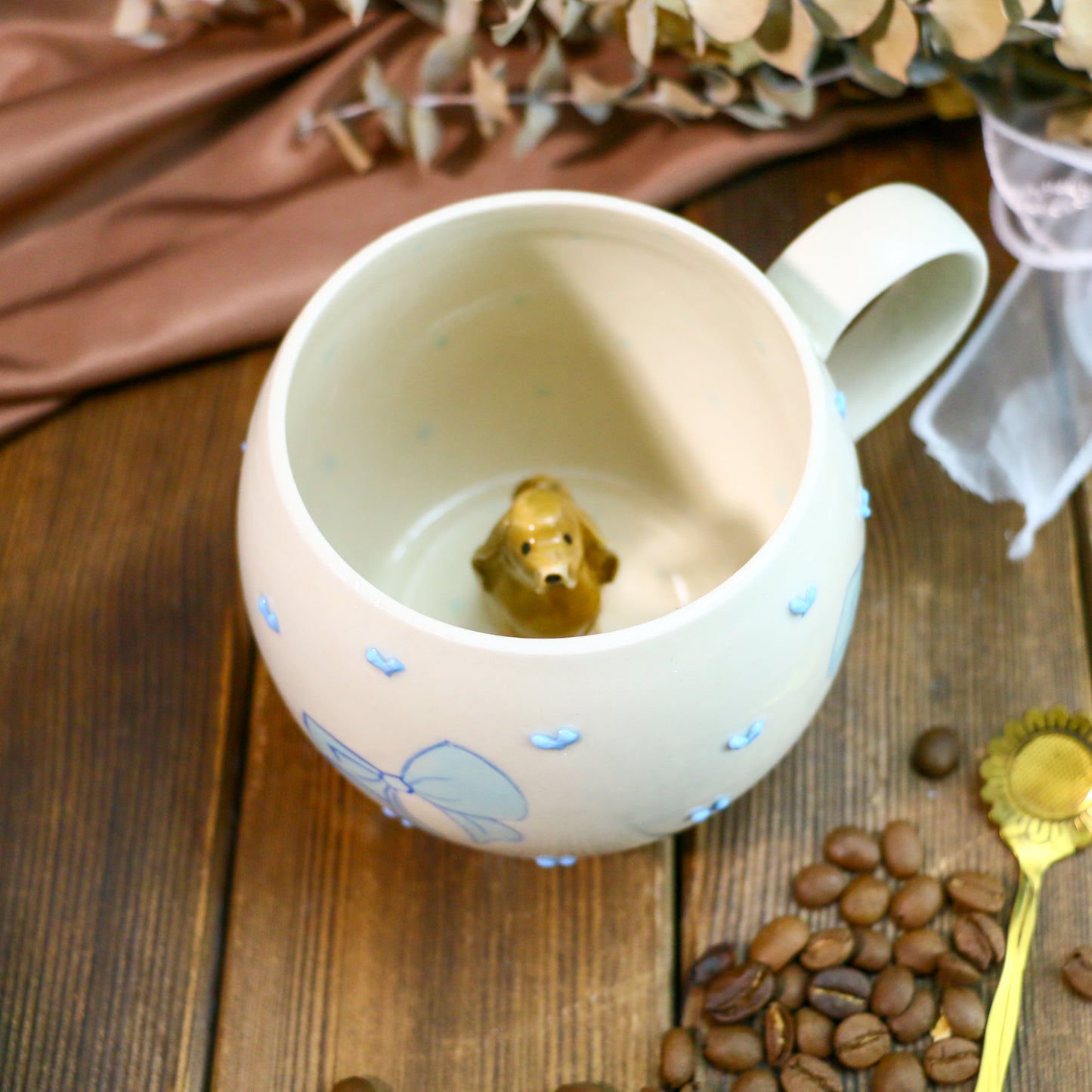 Custom 3D Pet Figurine Mug – Handmade Ceramic Coffee Cup with Bow & Heart Design