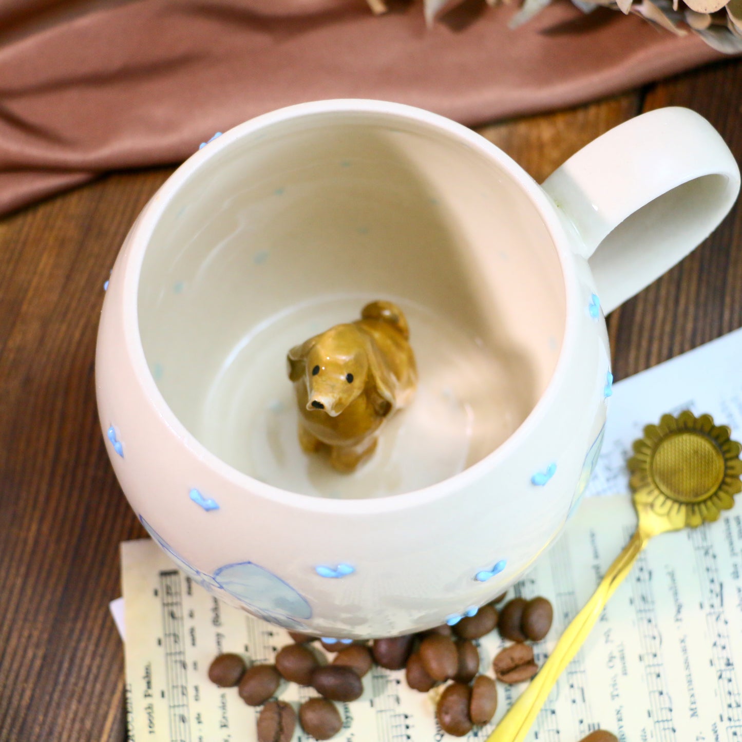 Custom 3D Pet Figurine Mug – Handmade Ceramic Coffee Cup with Bow & Heart Design