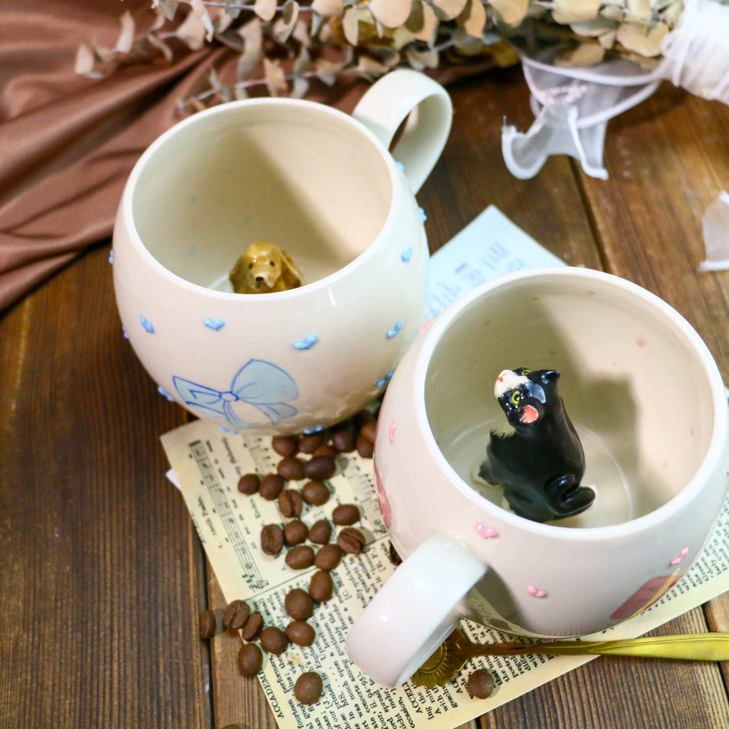 Custom 3D Pet Figurine Mug – Handmade Ceramic Coffee Cup with Bow & Heart Design