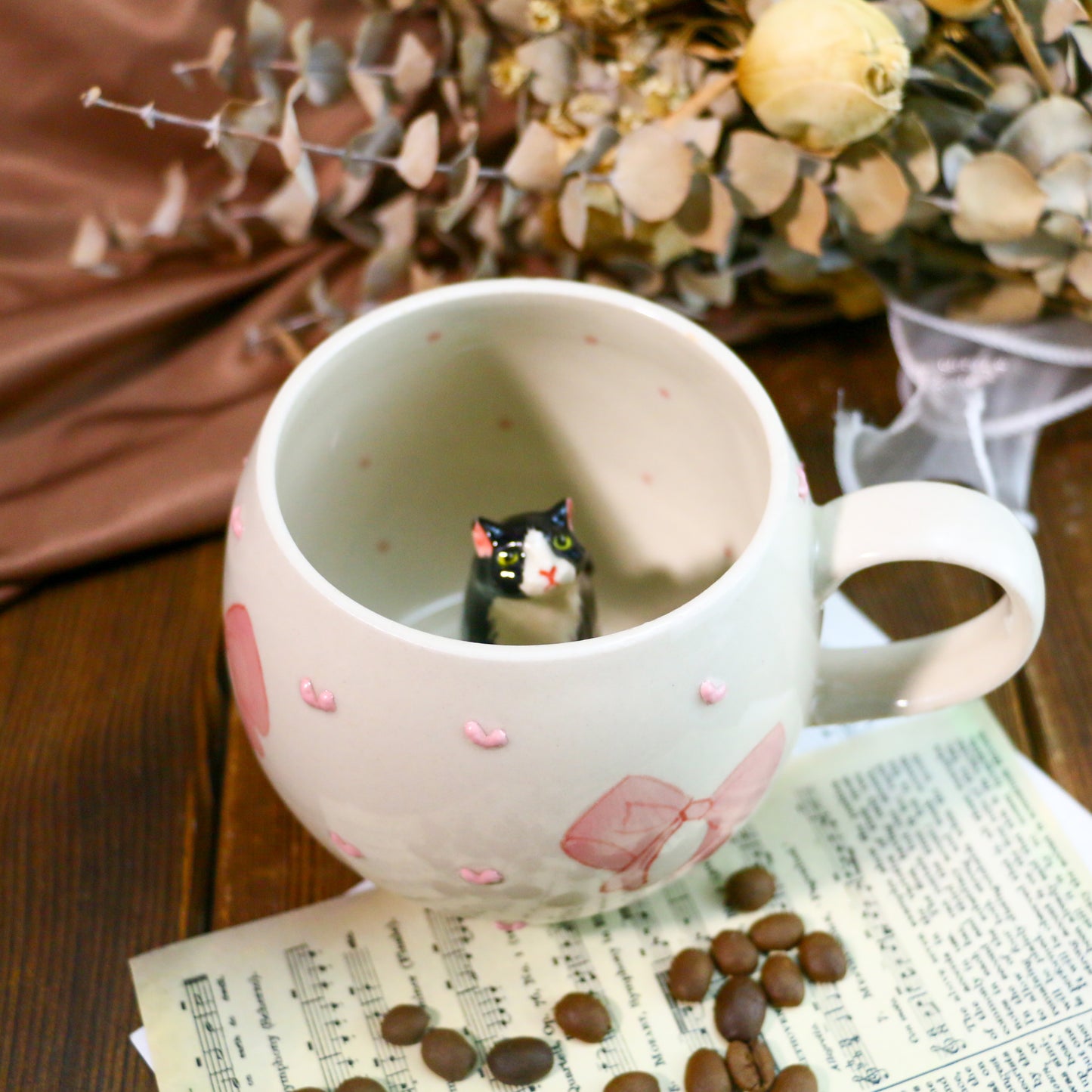 Custom 3D Pet Figurine Mug – Handmade Ceramic Coffee Cup with Bow & Heart Design