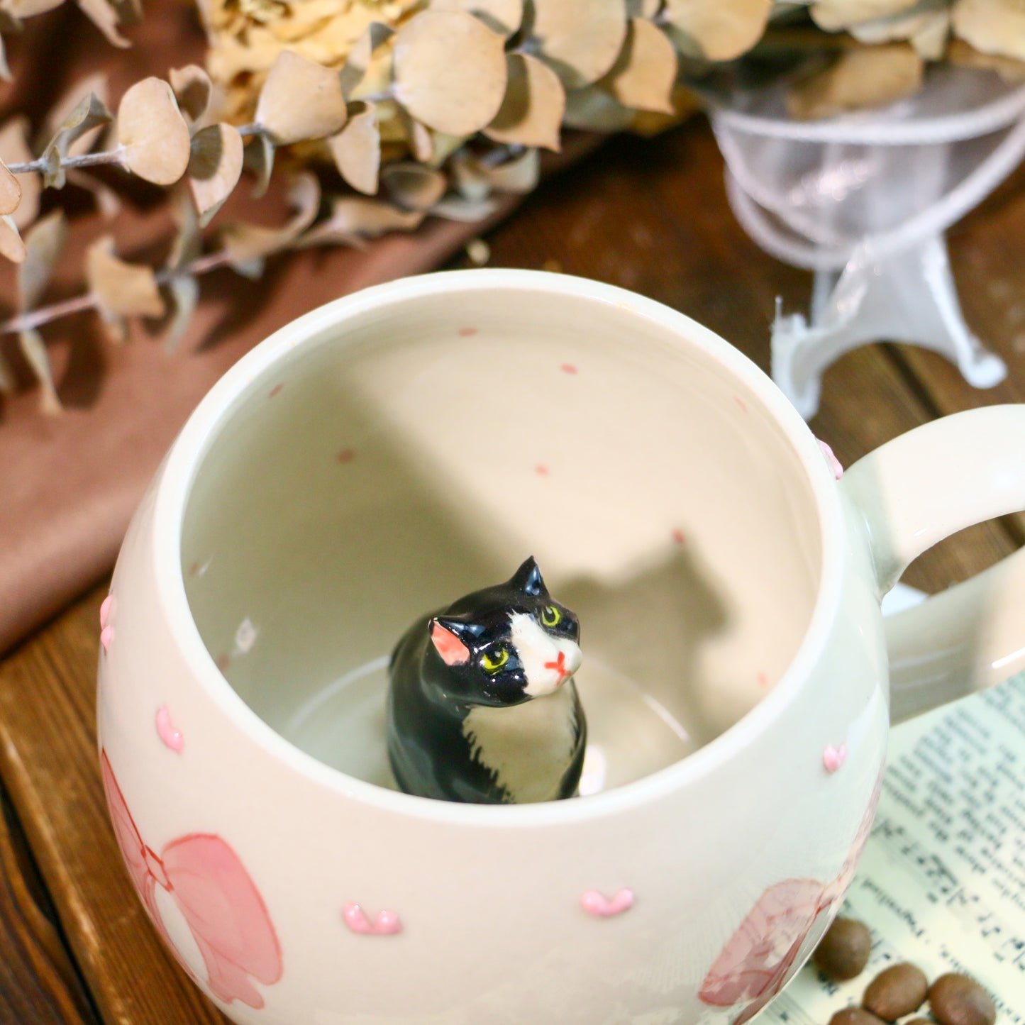 Custom 3D Pet Figurine Mug – Handmade Ceramic Coffee Cup with Bow & Heart Design