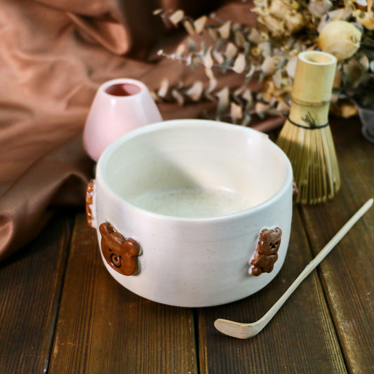 Handcrafted 3D Bear Ceramic Matcha Bowl Set, Custom Cute Pottery Tea Set