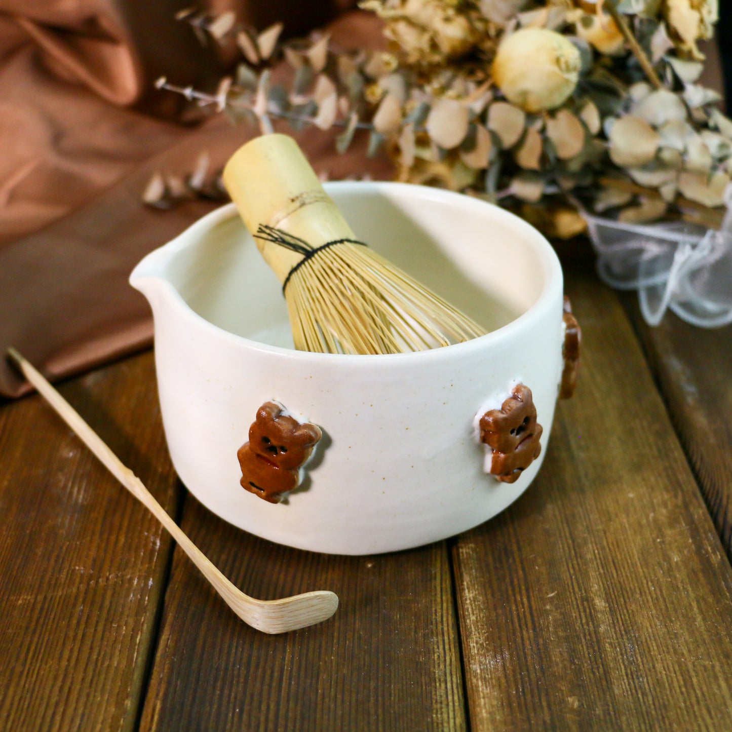 Handcrafted 3D Bear Ceramic Matcha Bowl Set, Custom Cute Pottery Tea Set