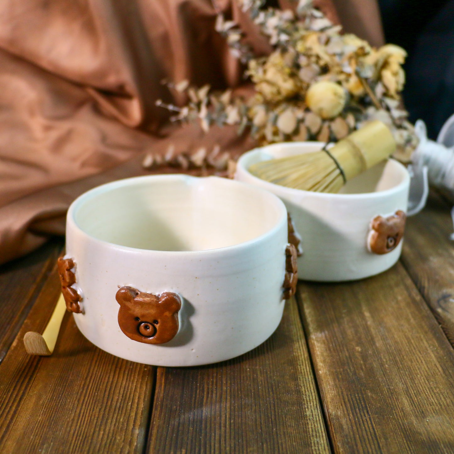 Handcrafted 3D Bear Ceramic Matcha Bowl Set, Custom Cute Pottery Tea Set