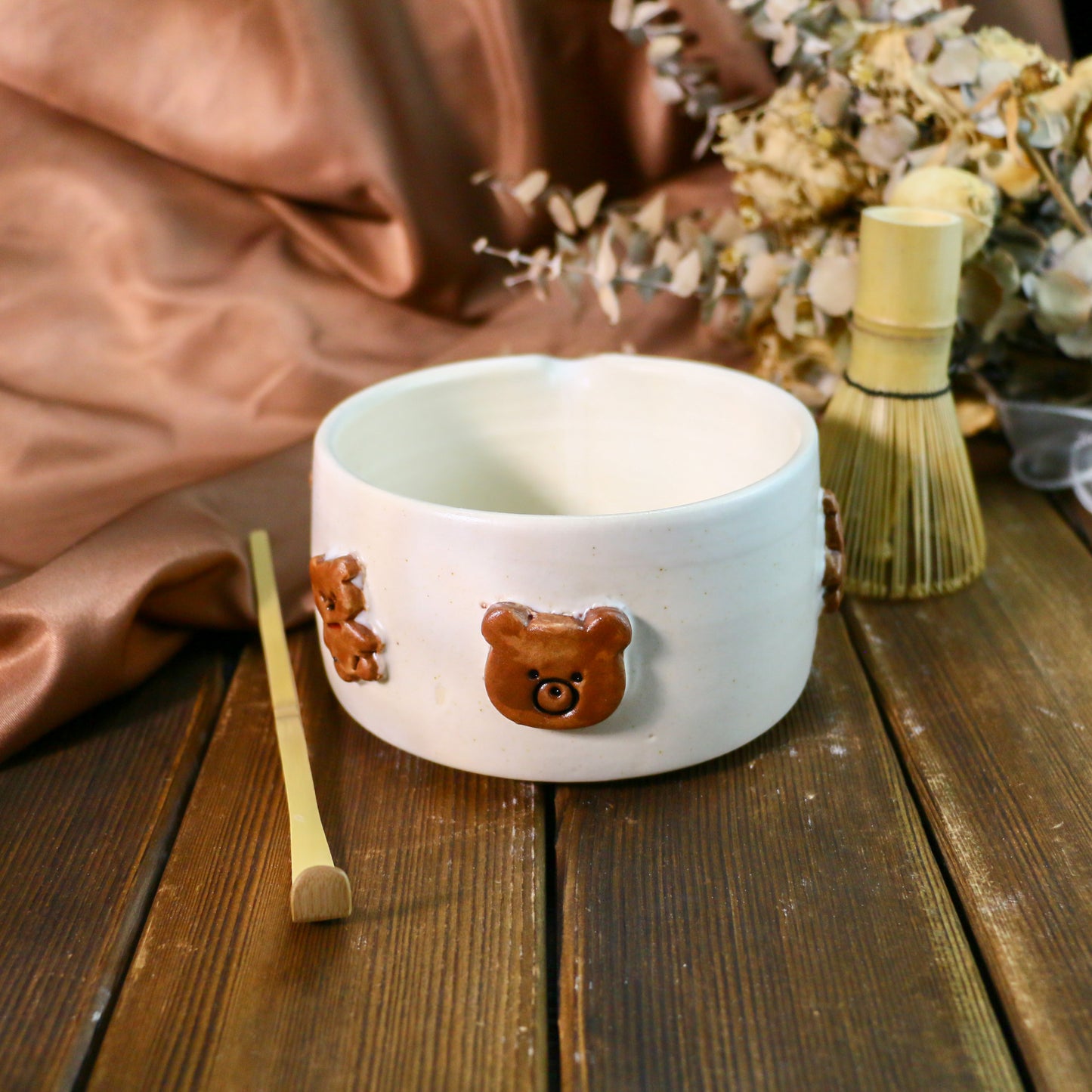 Handcrafted 3D Bear Ceramic Matcha Bowl Set, Custom Cute Pottery Tea Set