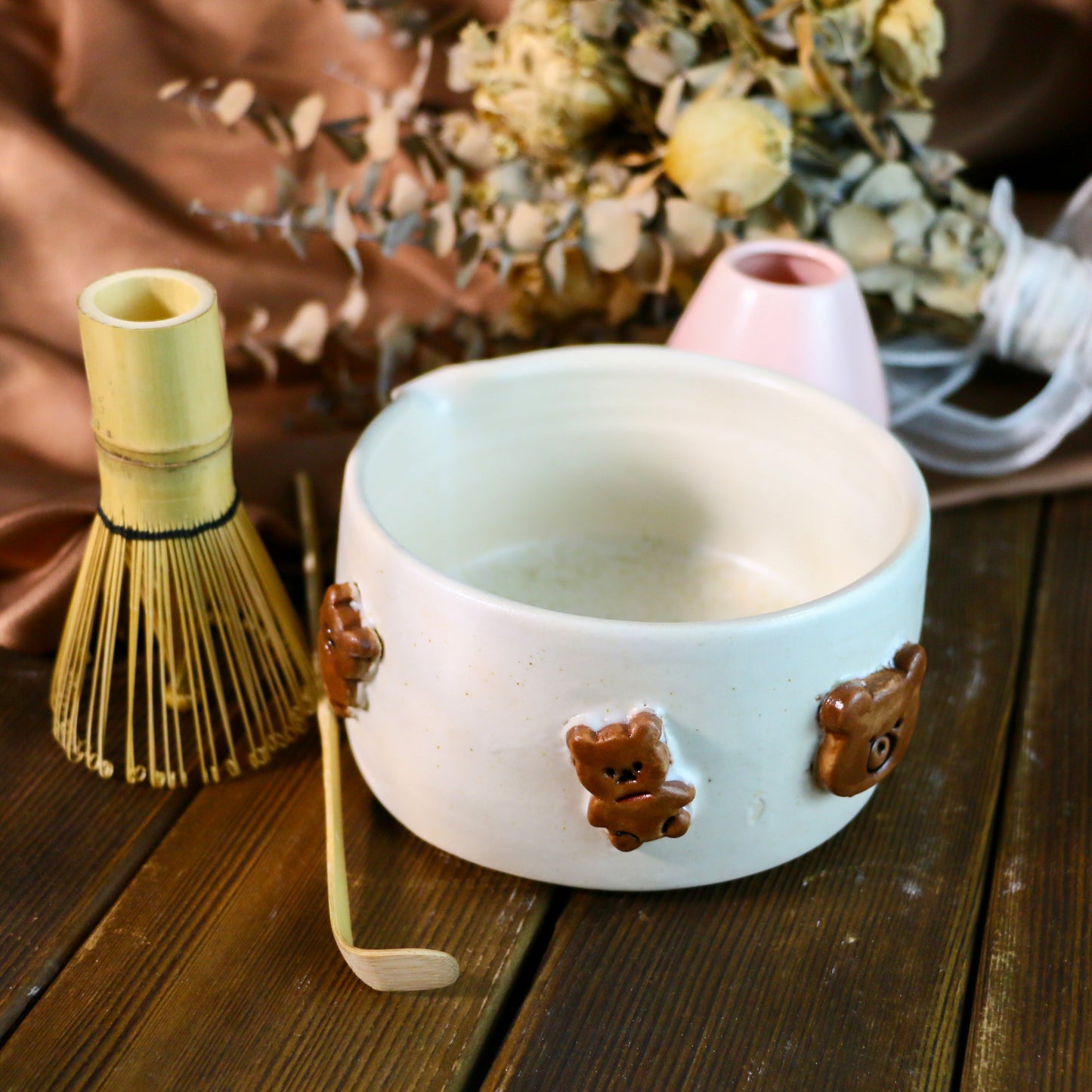 Handcrafted 3D Bear Ceramic Matcha Bowl Set, Custom Cute Pottery Tea Set