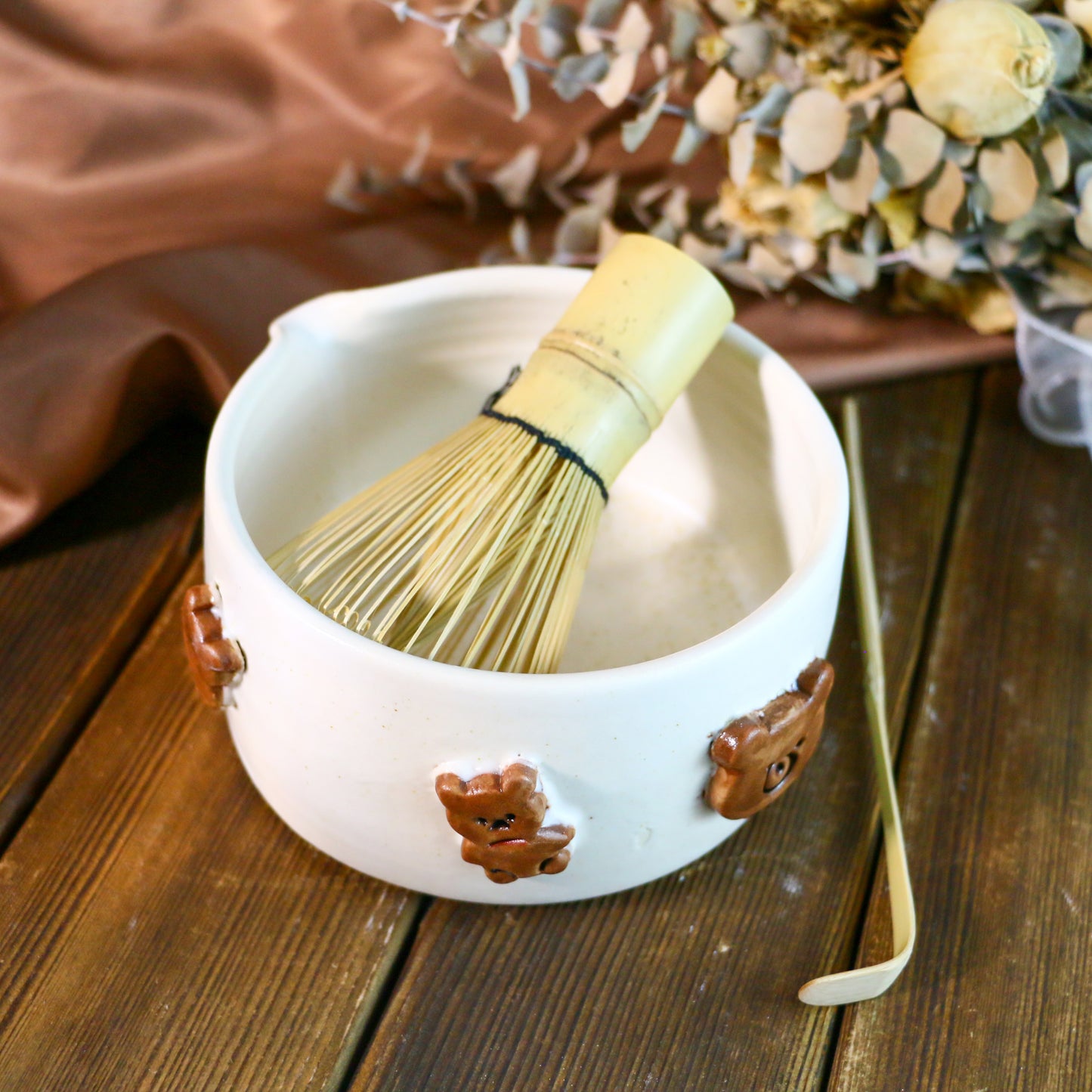 Handcrafted 3D Bear Ceramic Matcha Bowl Set, Custom Cute Pottery Tea Set