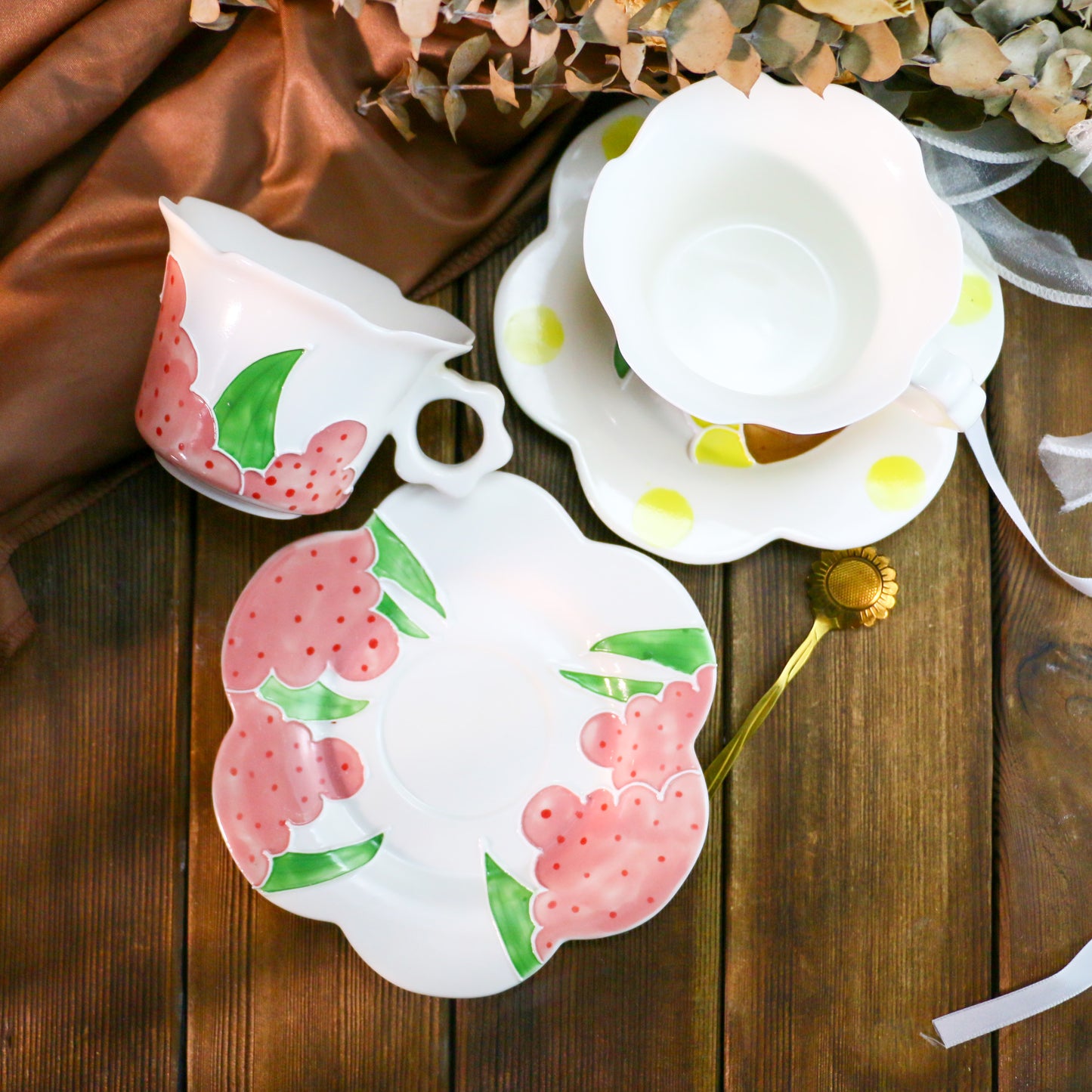 Cute Sunflower Pottery Cup Set – Handmade 3D Ceramic Tea Mug with Petal-Shaped Plate