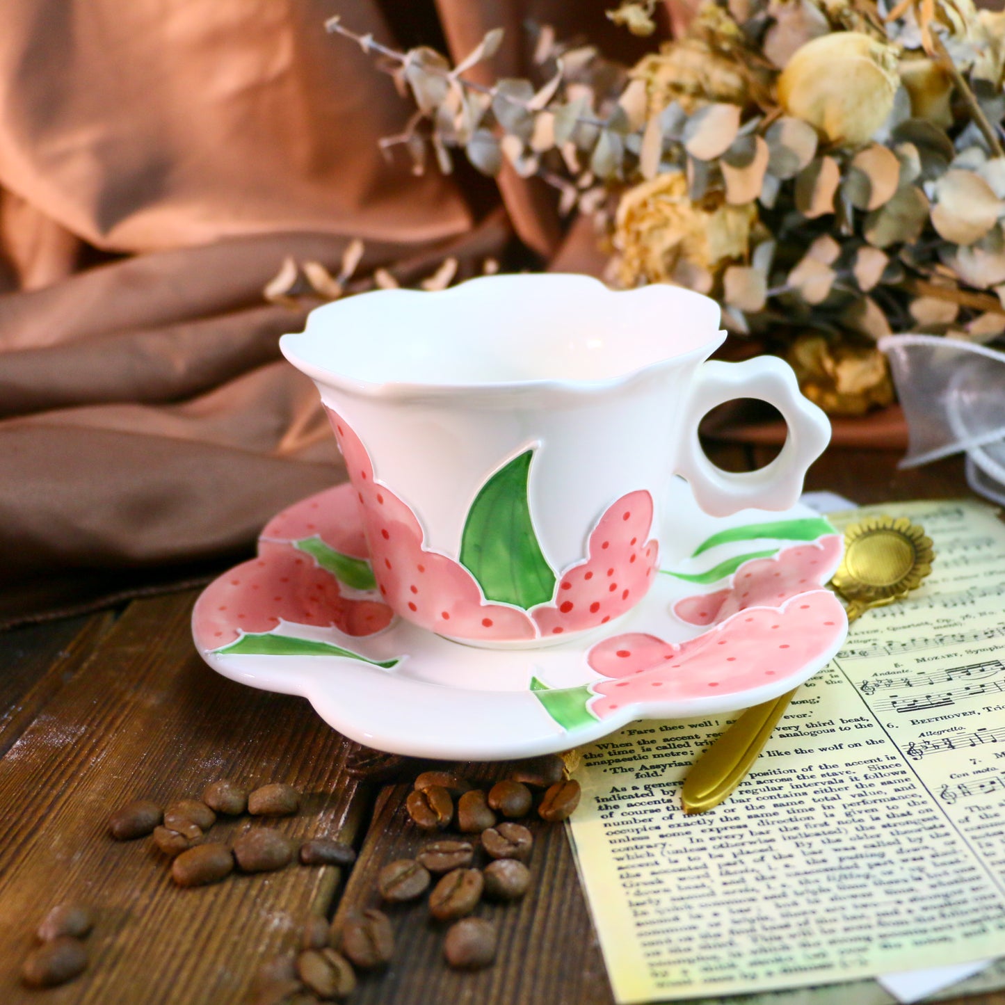 Cute Sunflower Pottery Cup Set – Handmade 3D Ceramic Tea Mug with Petal-Shaped Plate
