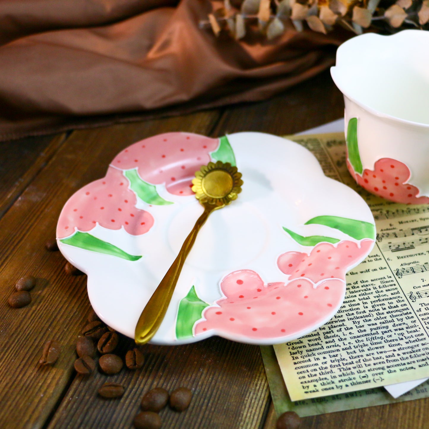 Cute Sunflower Pottery Cup Set – Handmade 3D Ceramic Tea Mug with Petal-Shaped Plate