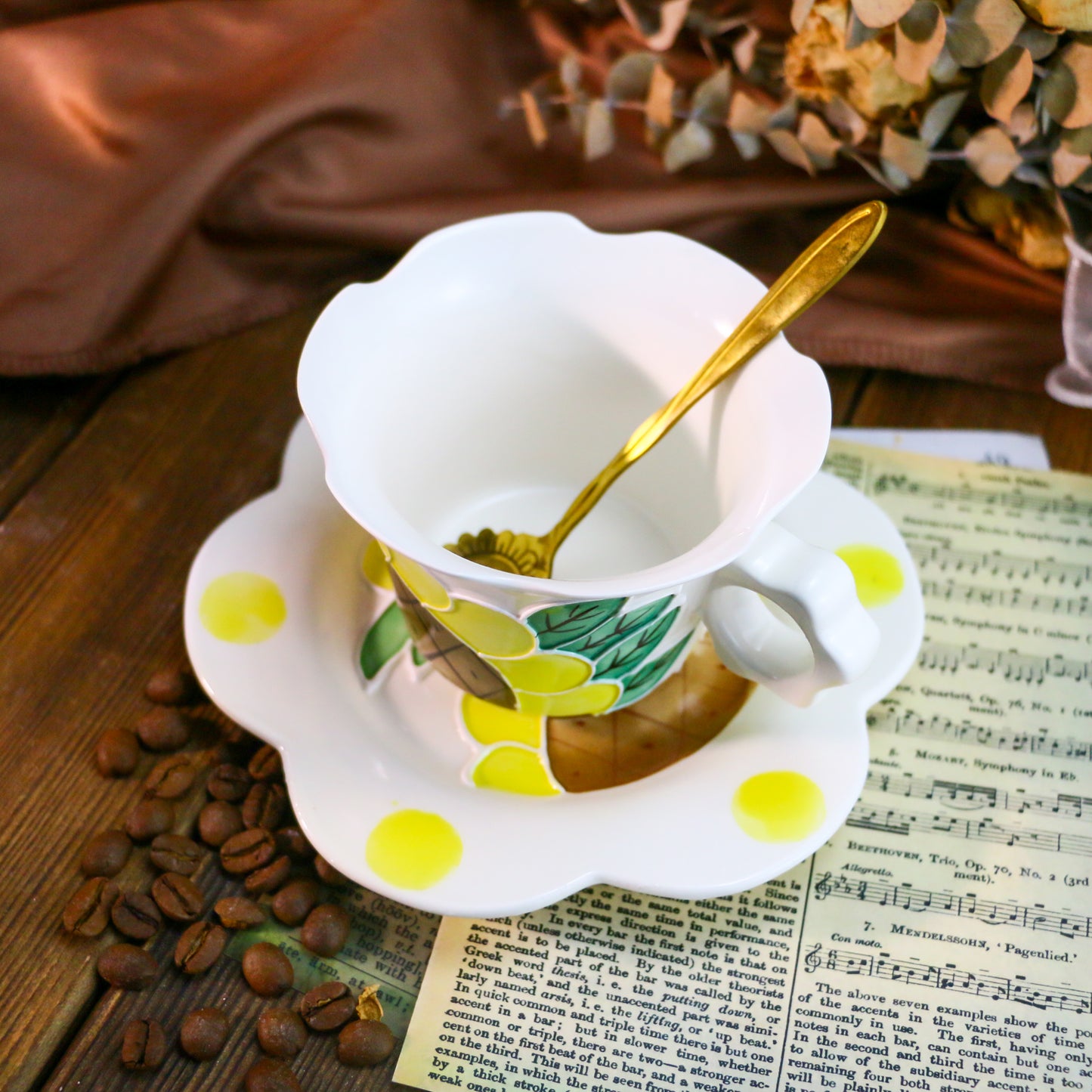 Cute Sunflower Pottery Cup Set – Handmade 3D Ceramic Tea Mug with Petal-Shaped Plate
