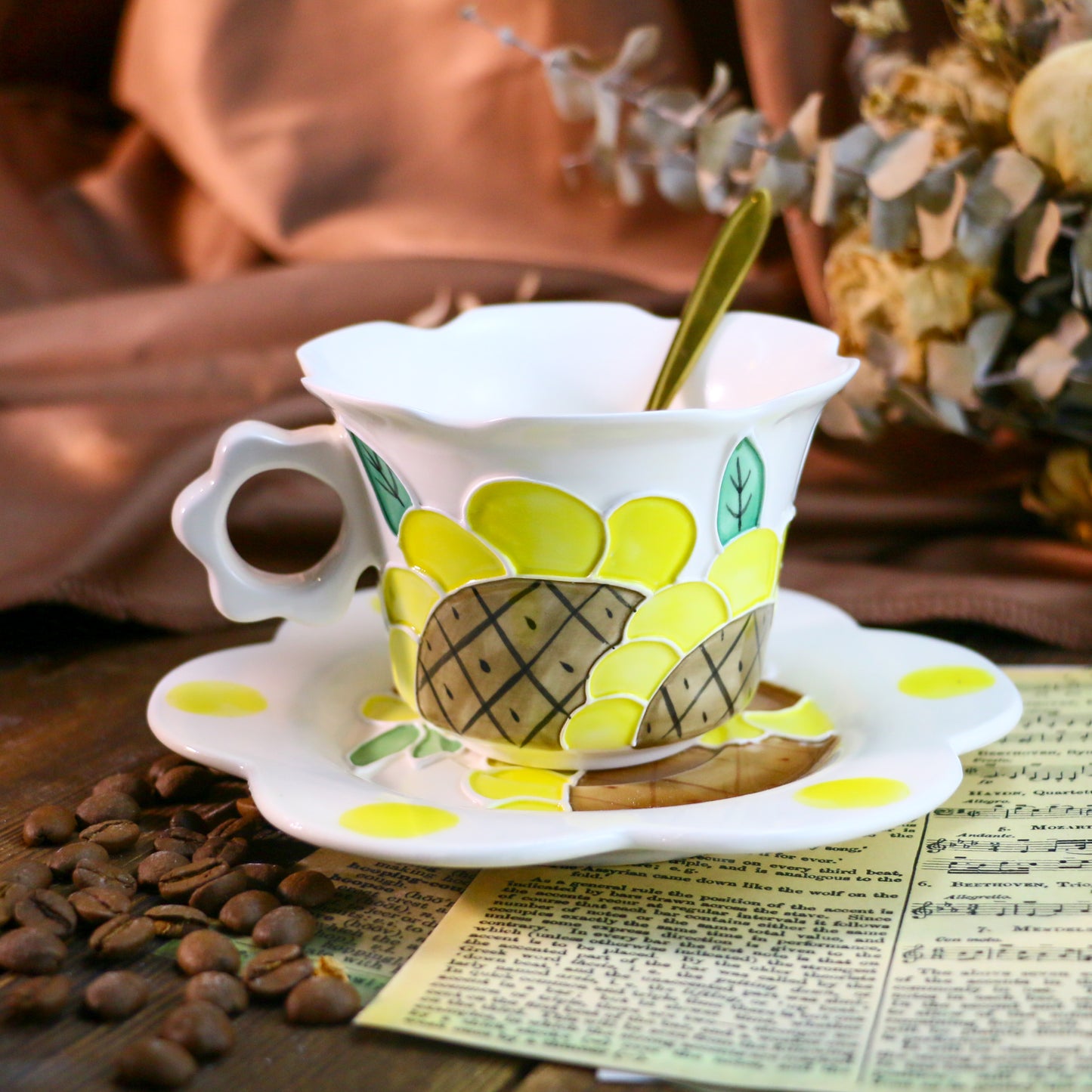 Cute Sunflower Pottery Cup Set – Handmade 3D Ceramic Tea Mug with Petal-Shaped Plate