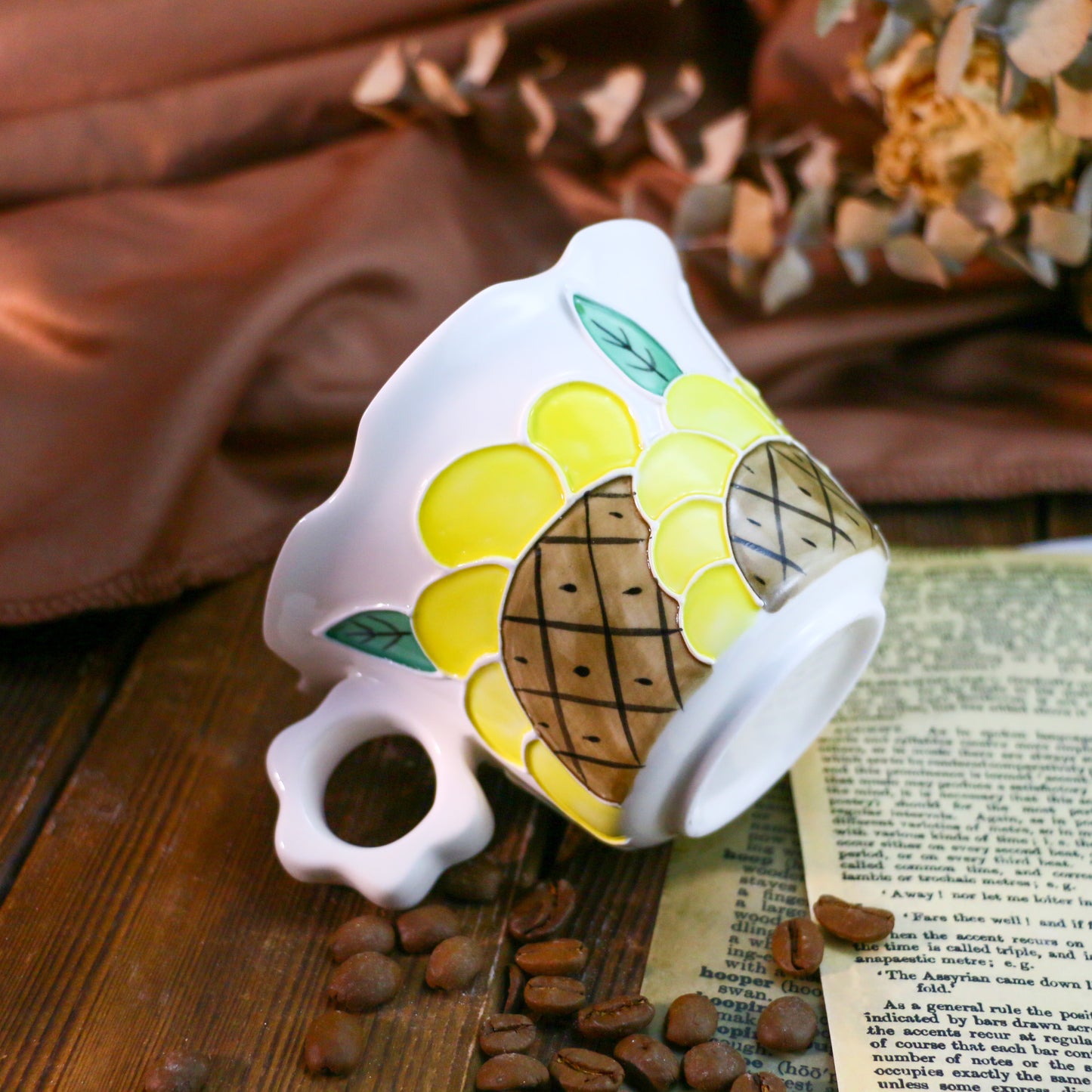 Cute Sunflower Pottery Cup Set – Handmade 3D Ceramic Tea Mug with Petal-Shaped Plate