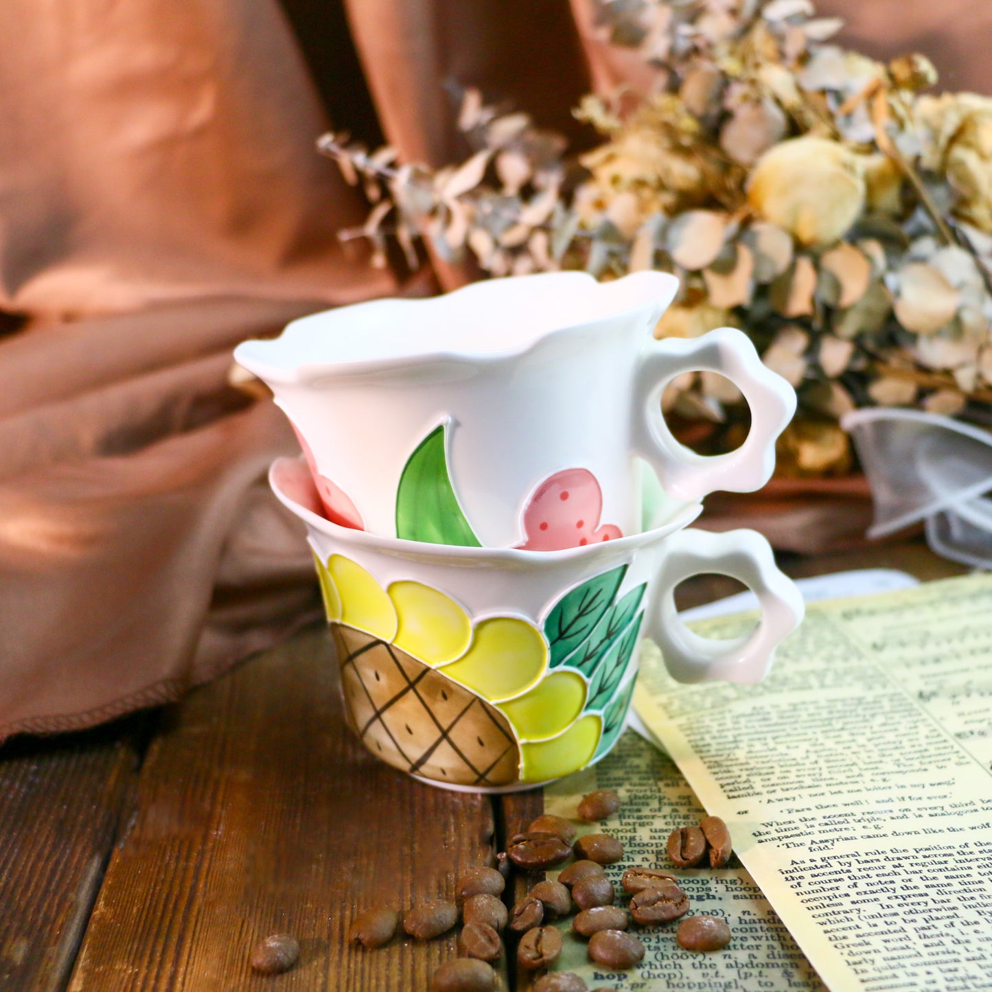 Cute Sunflower Pottery Cup Set – Handmade 3D Ceramic Tea Mug with Petal-Shaped Plate