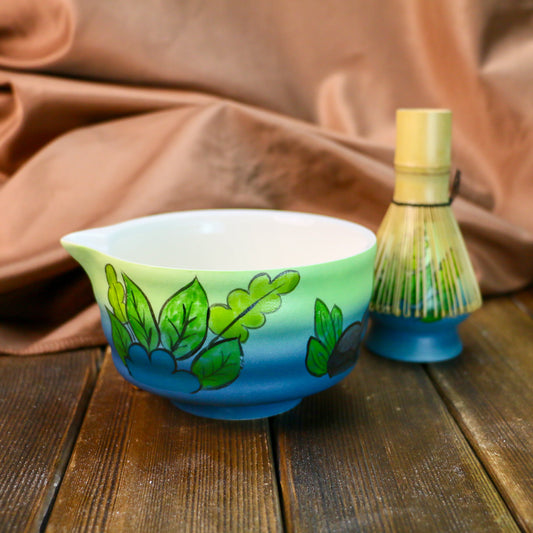 Nature-Inspired Pottery Matcha Bowl – Handmade Gradient Glaze Tea Bowl with Leaf Pattern