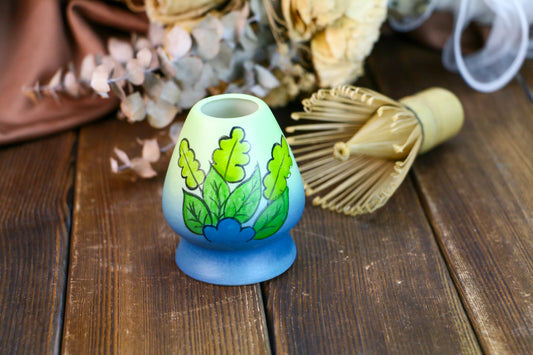 Handmade Ceramic Gradient Glaze Whisk Stand – Matcha Holder with Leaf Pattern