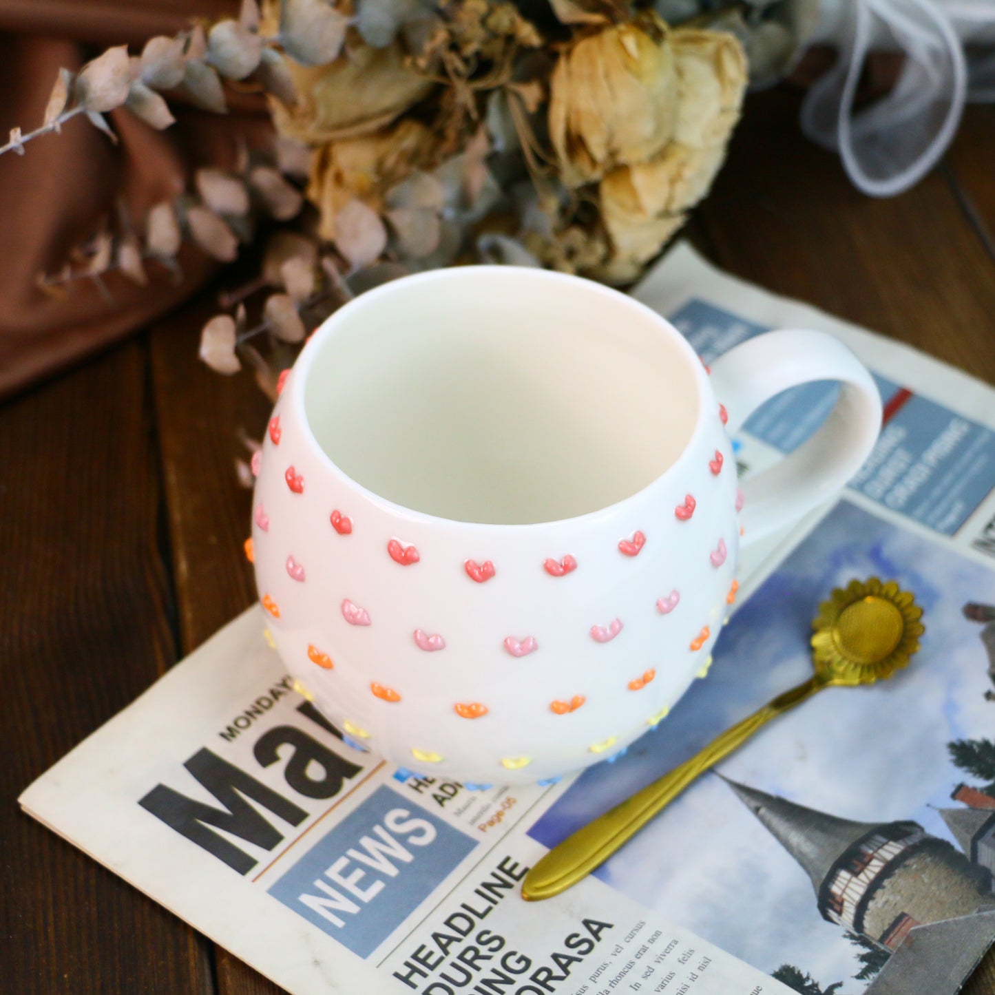 3D Heart Embossed Mug โ Handmade Ceramic Cup for Coffee Lovers