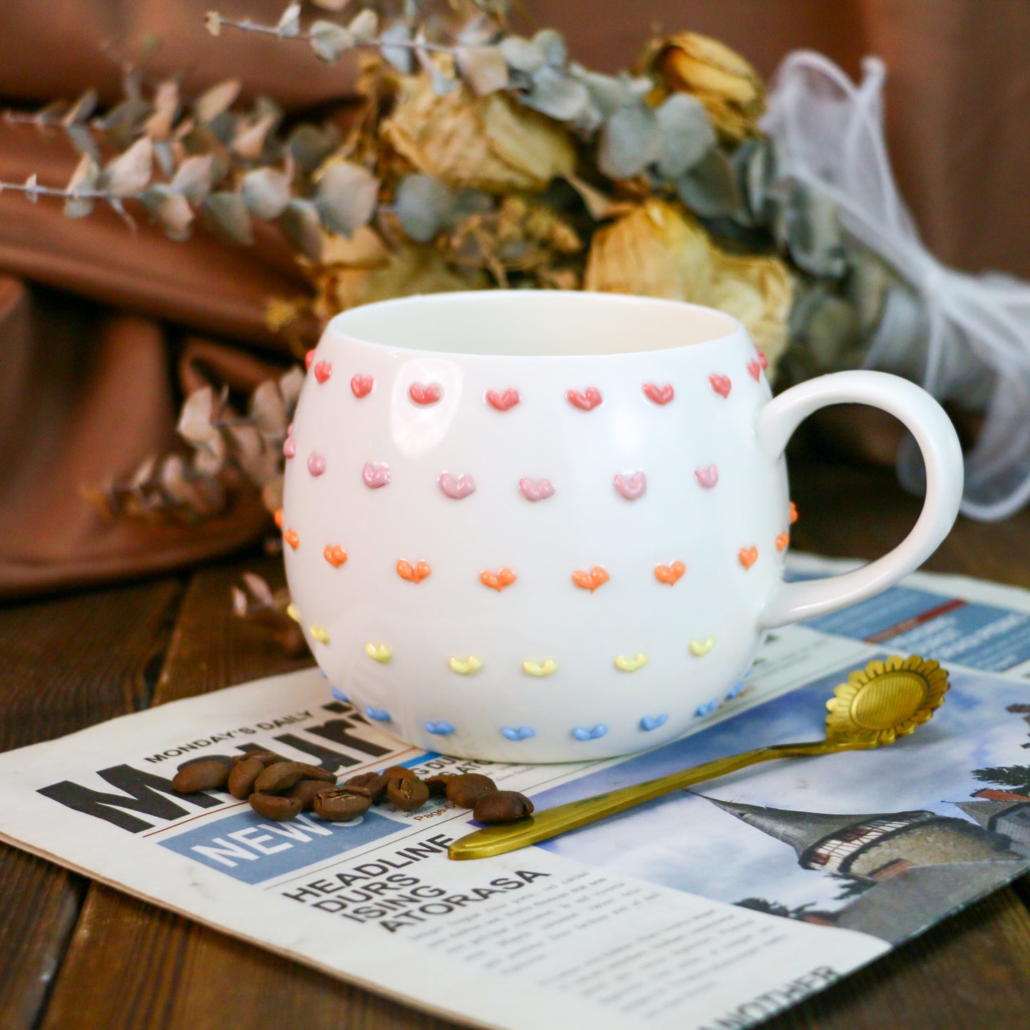 3D Heart Embossed Mug โ Handmade Ceramic Cup for Coffee Lovers