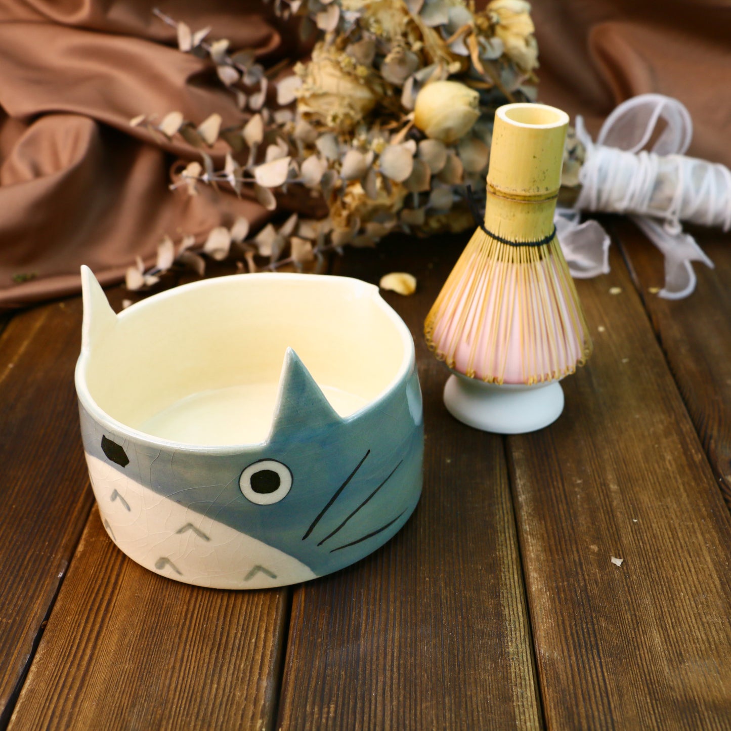 Handmade Custom Totoro Matcha Bowl Set– Personalized Ceramic Gift for Tea Lovers