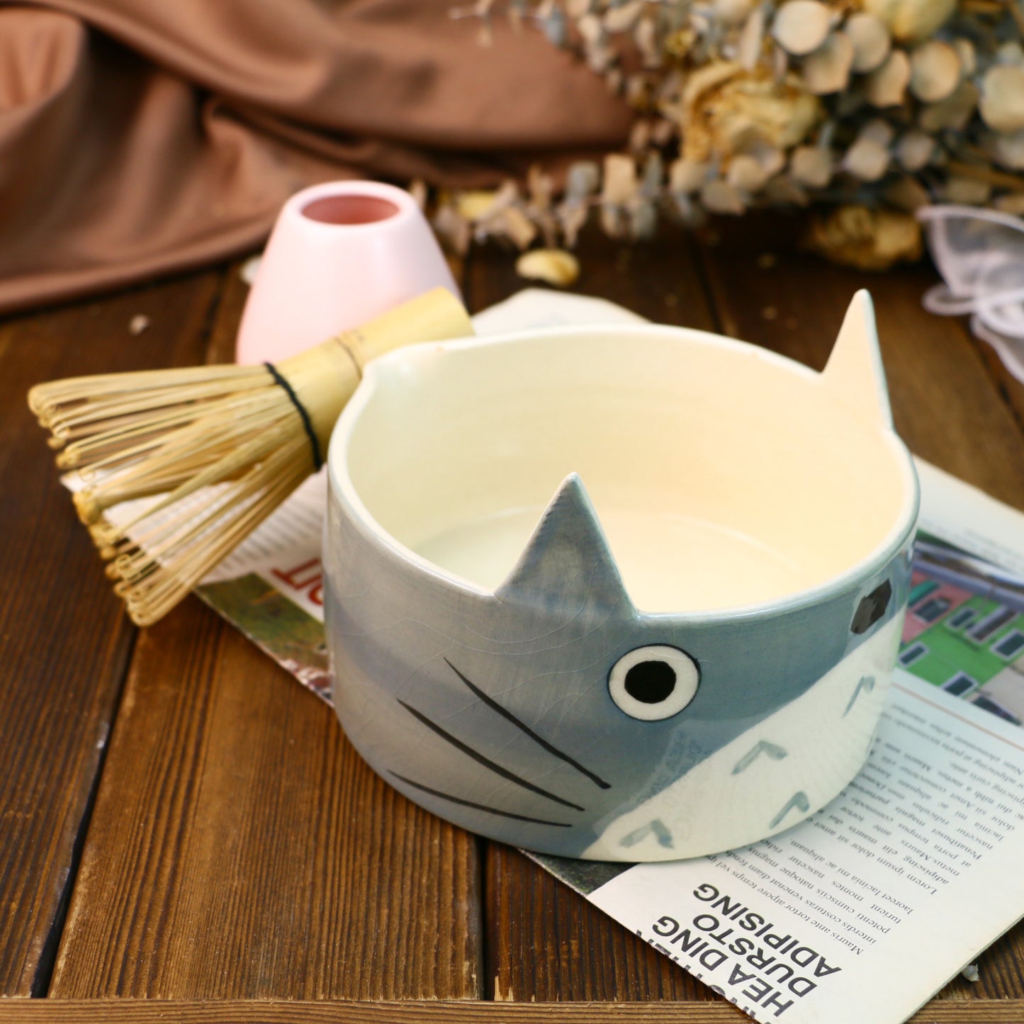 Handmade Custom Totoro Matcha Bowl Set– Personalized Ceramic Gift for Tea Lovers