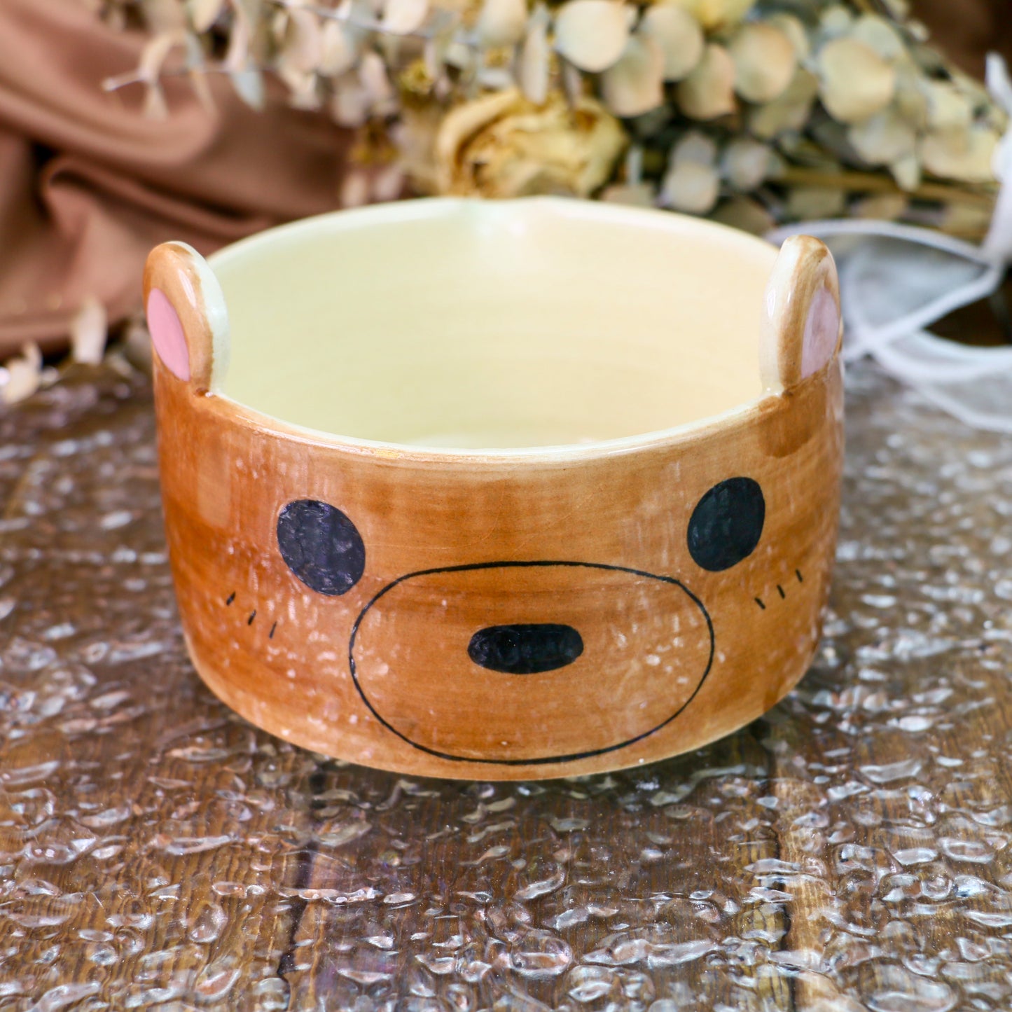 Handmade Matcha Bowl – Brown Ceramic Tea Bowl with Cute Bear Ears