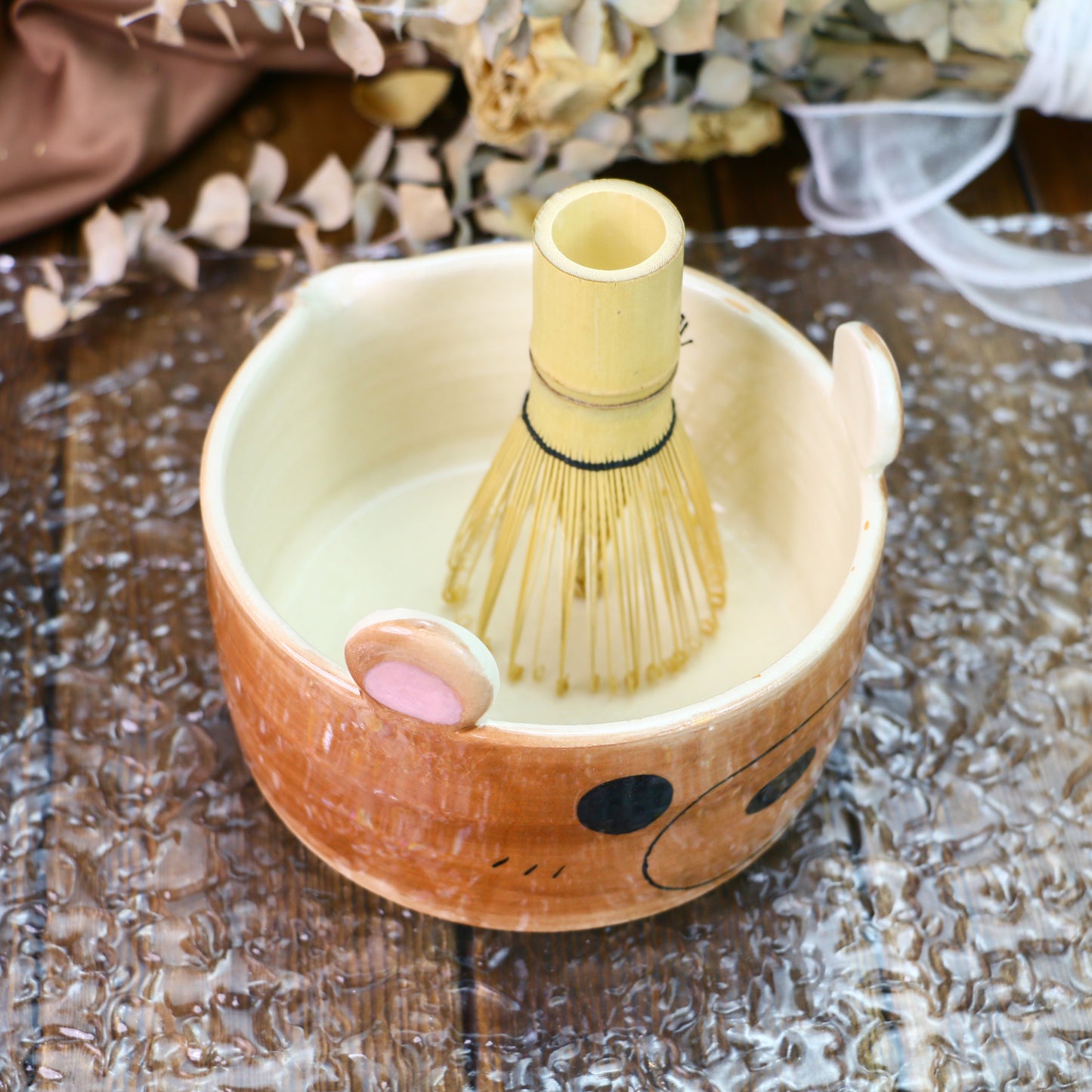 Handmade Matcha Bowl – Brown Ceramic Tea Bowl with Cute Bear Ears