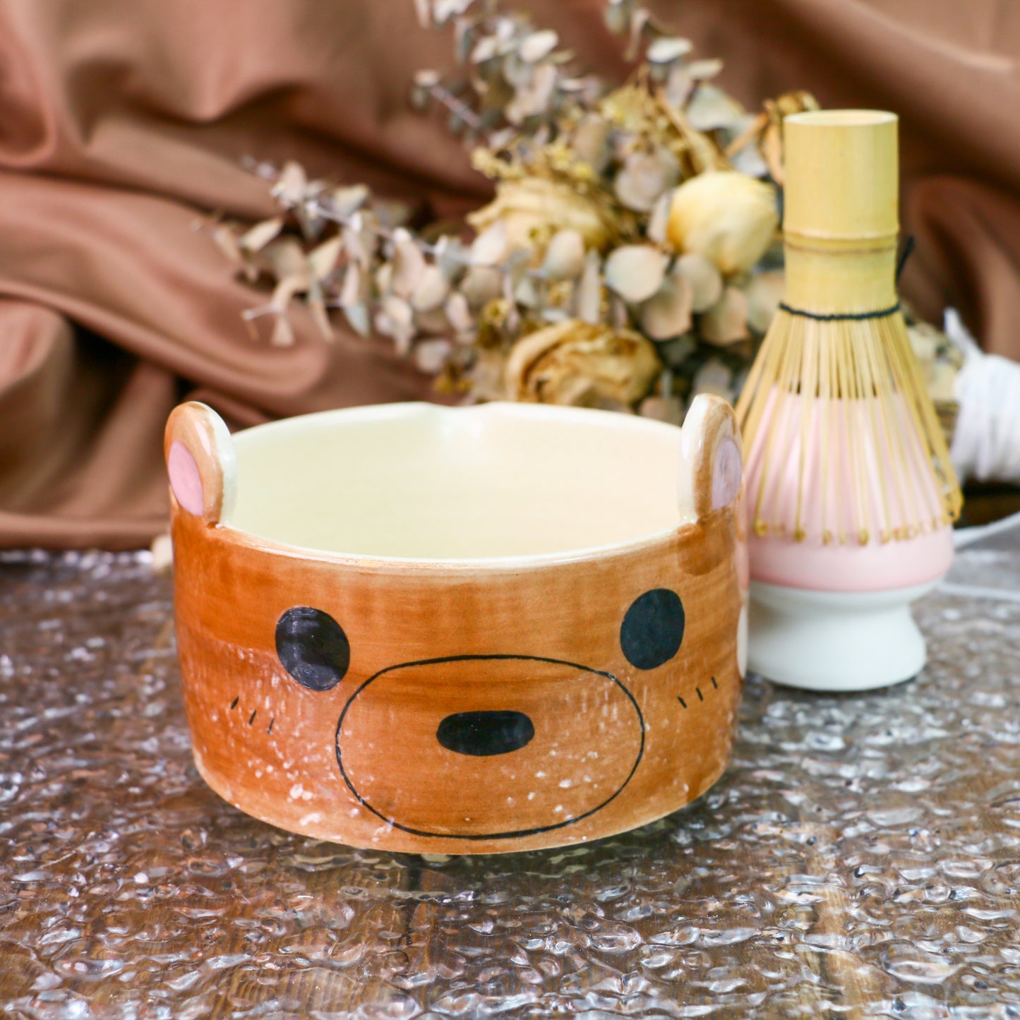 Handmade Matcha Bowl – Brown Ceramic Tea Bowl with Cute Bear Ears