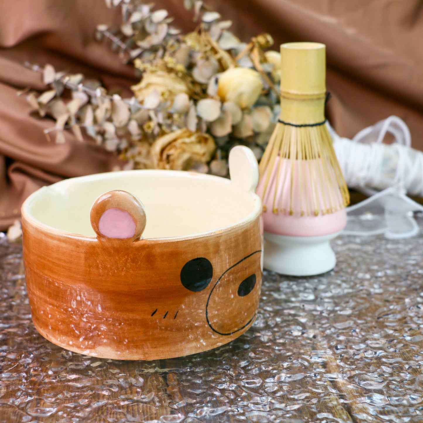 Handmade Matcha Bowl – Brown Ceramic Tea Bowl with Cute Bear Ears